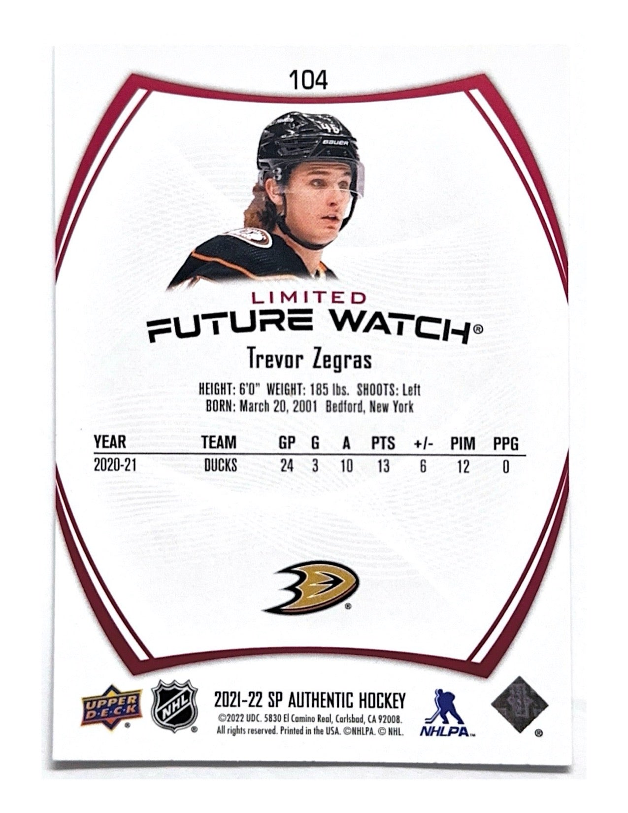 Trevor Zegras 2021-22 Upper Deck SP Authentic Future Watch Limited Red #104