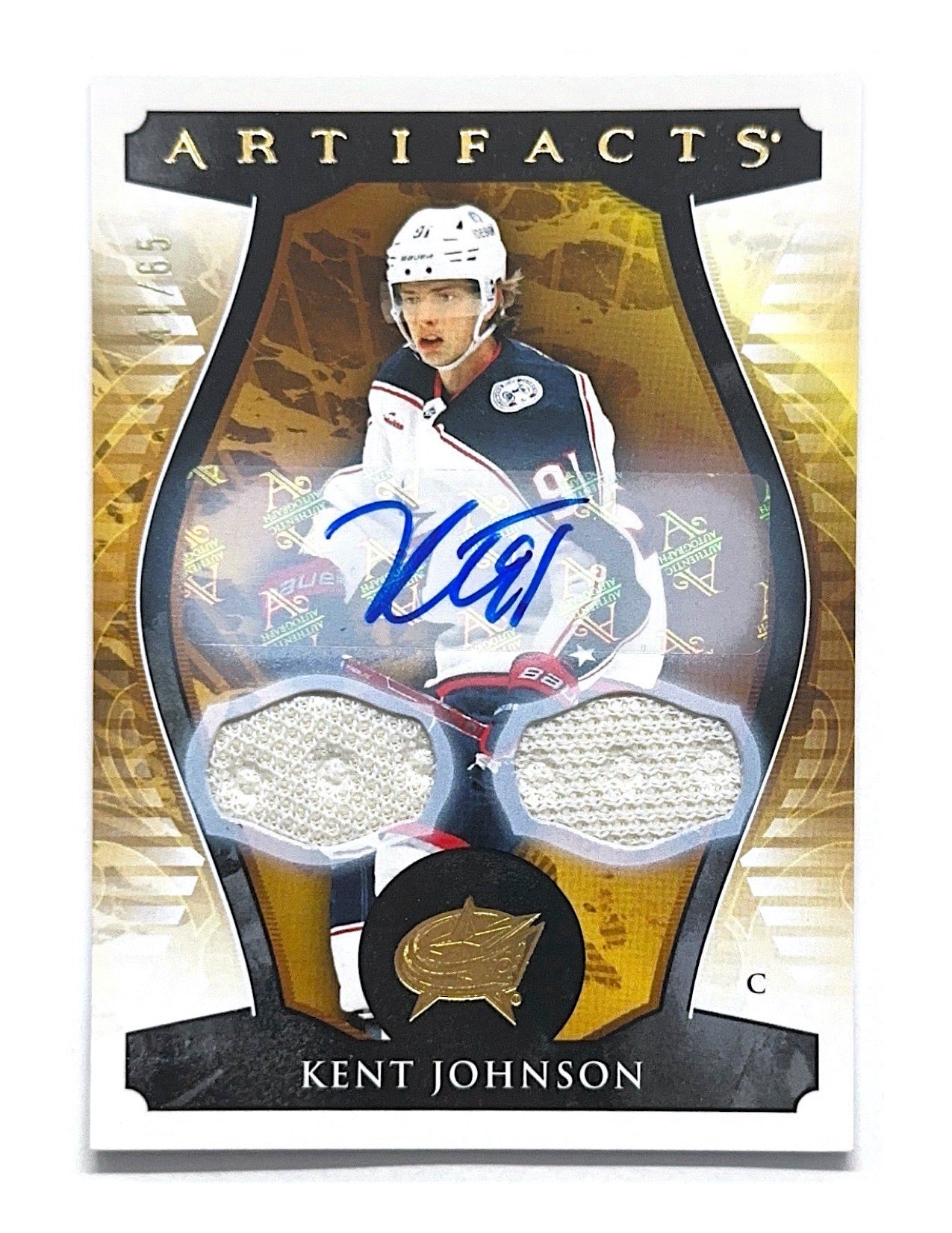 Kent Johnson 2023-24 Upper Deck Artifacts Dual Jersey Autograph #110- 41/65