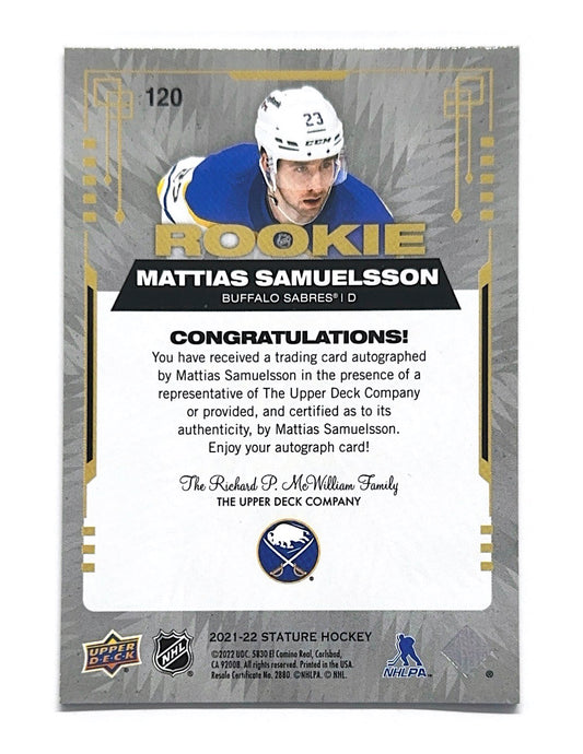 Mattias Samuelsson 2021-22 Upper Deck Stature Grey Rookie Autograph #120 - 057/199