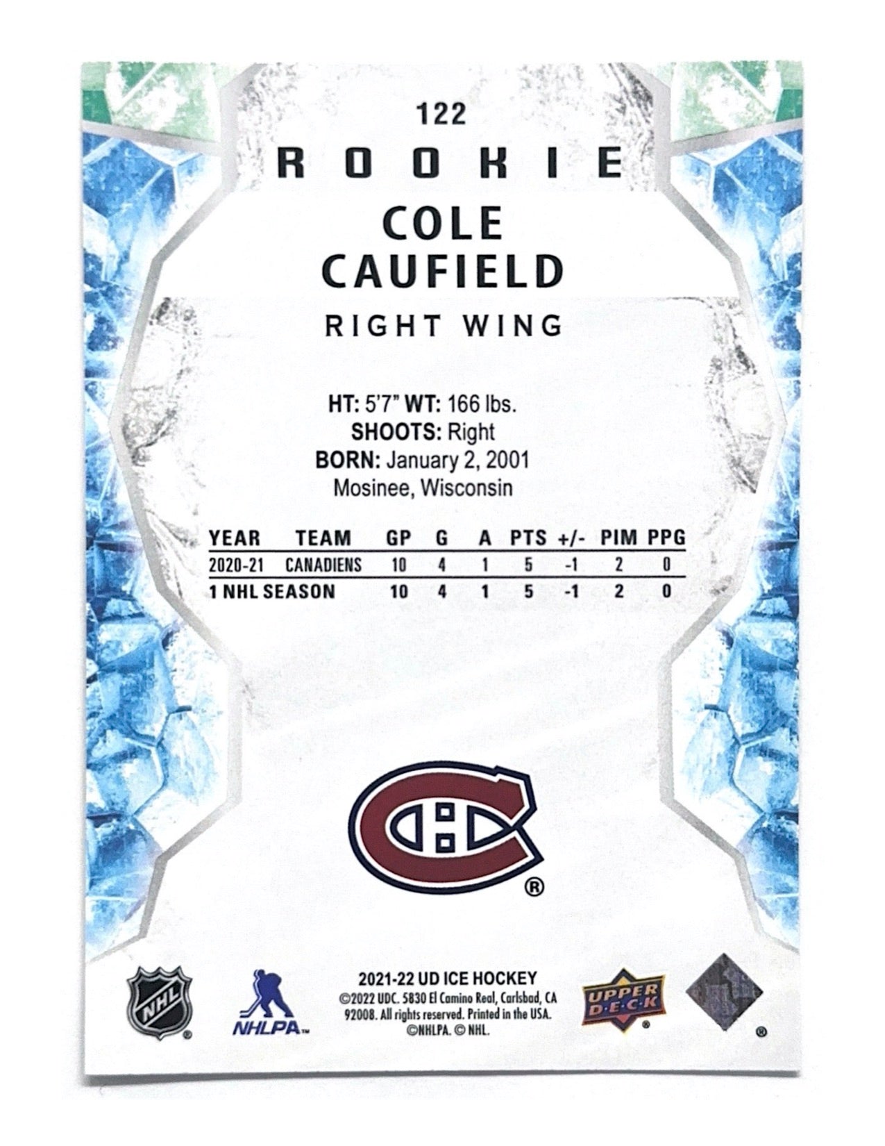 Cole Caufield 2021-22 Upper Deck Ice Green Rookie #122