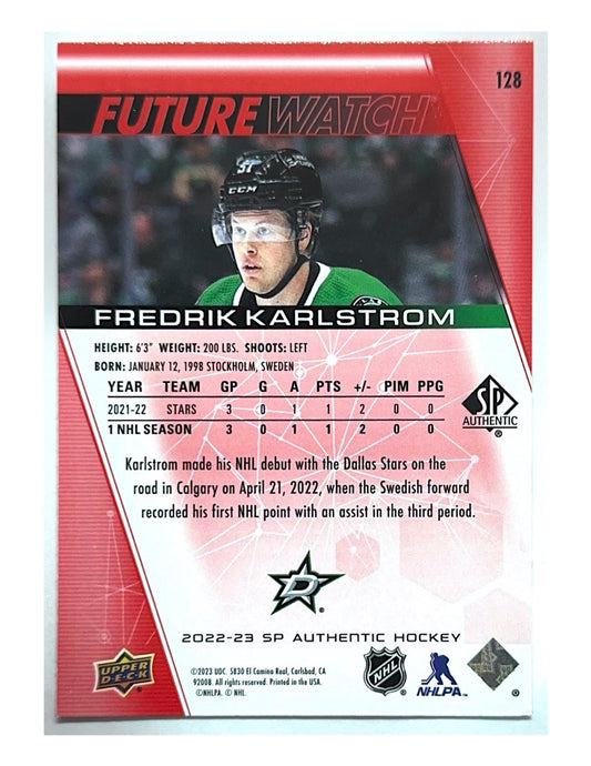 Fredrik Karlstrom 2022-23 Upper Deck SP Authentic Future Watch Limited Red #128