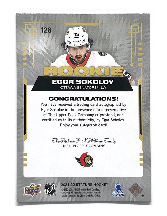 Egor Sokolov 2021-22 Upper Deck Stature Grey Rookie Autograph #128 - 046/199