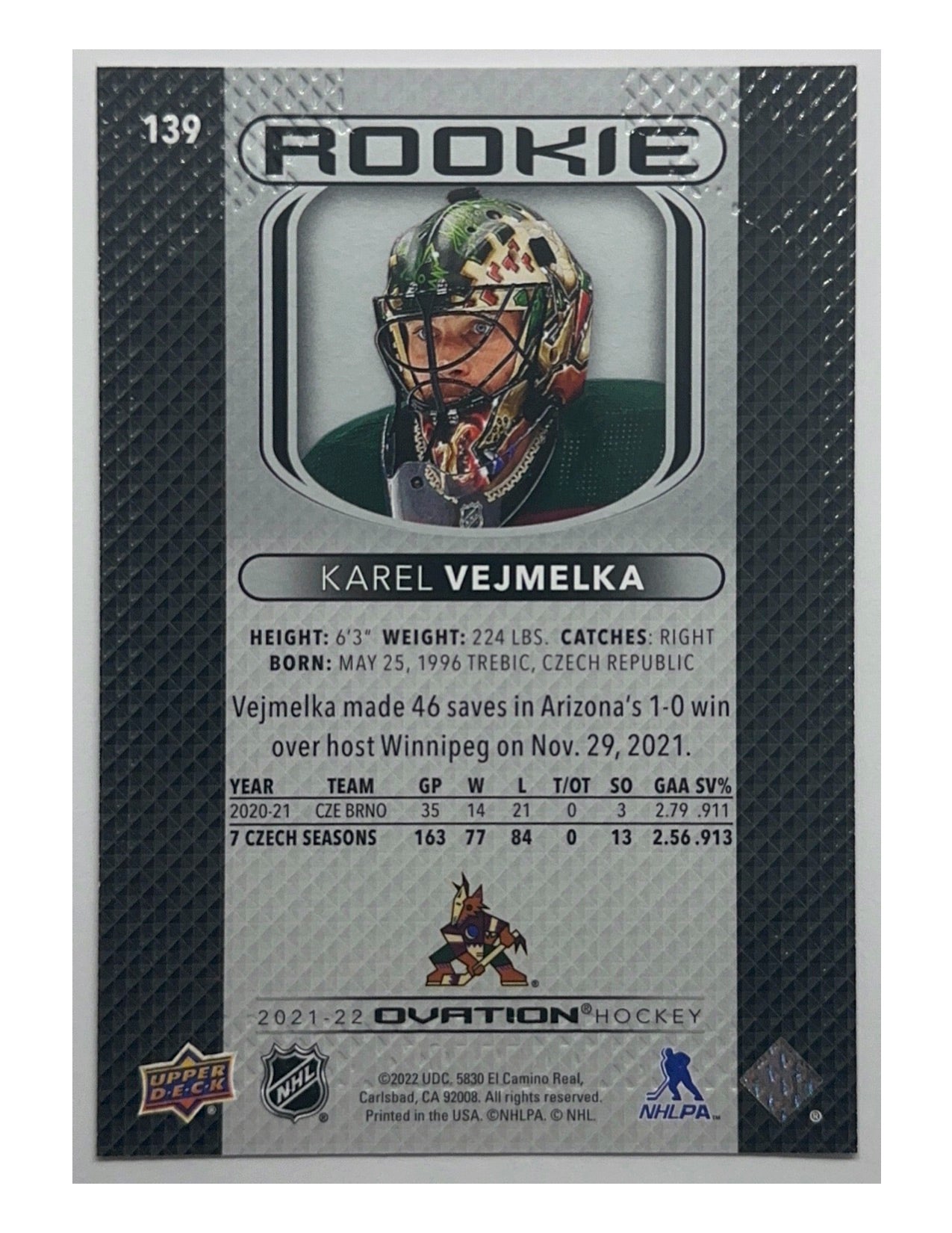 Karel Vejmelka 2021-22 Upper Deck Ovation Standing Ovation Rookies #139 - 372/500