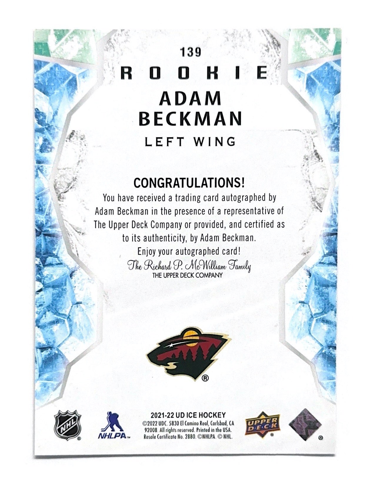 Adam Beckman 2021-22 Upper Deck Ice Rookie Autographs #139