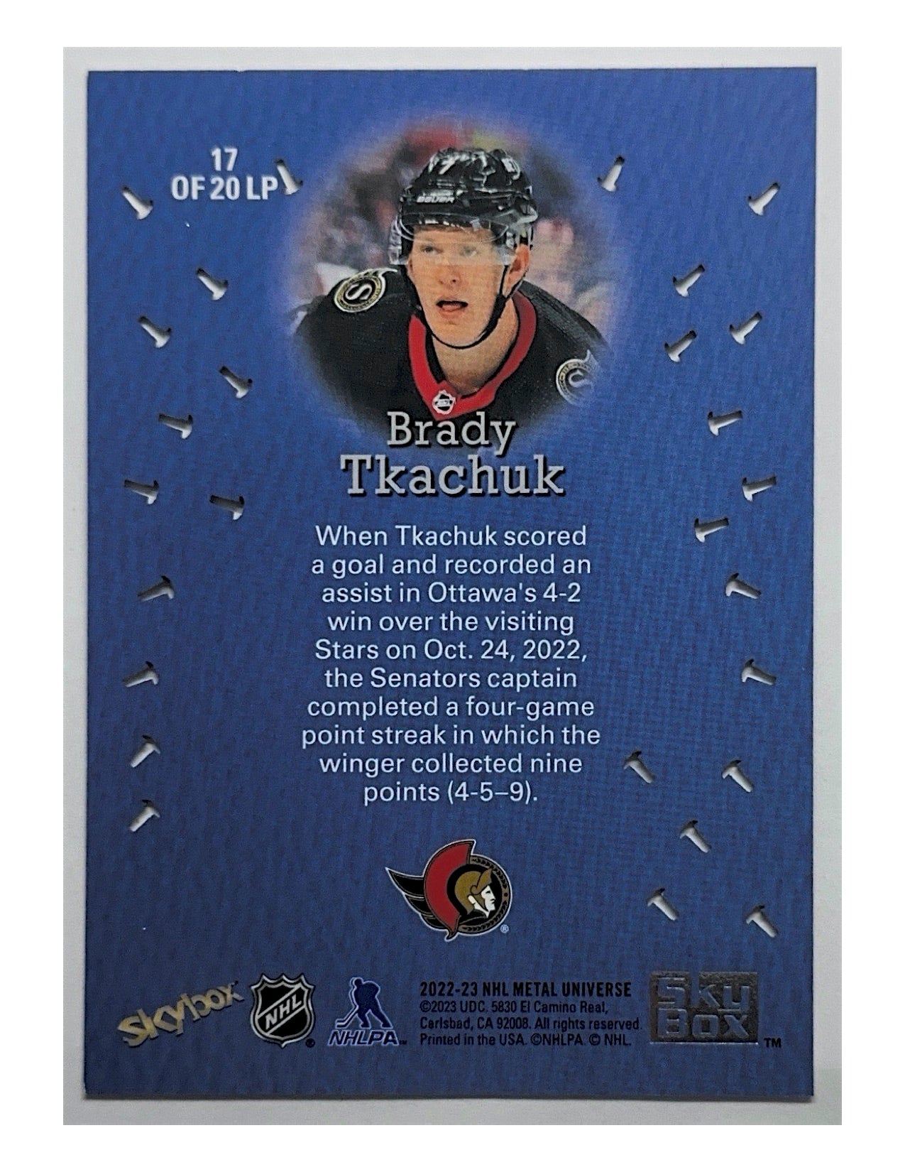 Brady Tkachuk 2022-23 Upper Deck Skybox Metal Universe Linchpins #17of20
