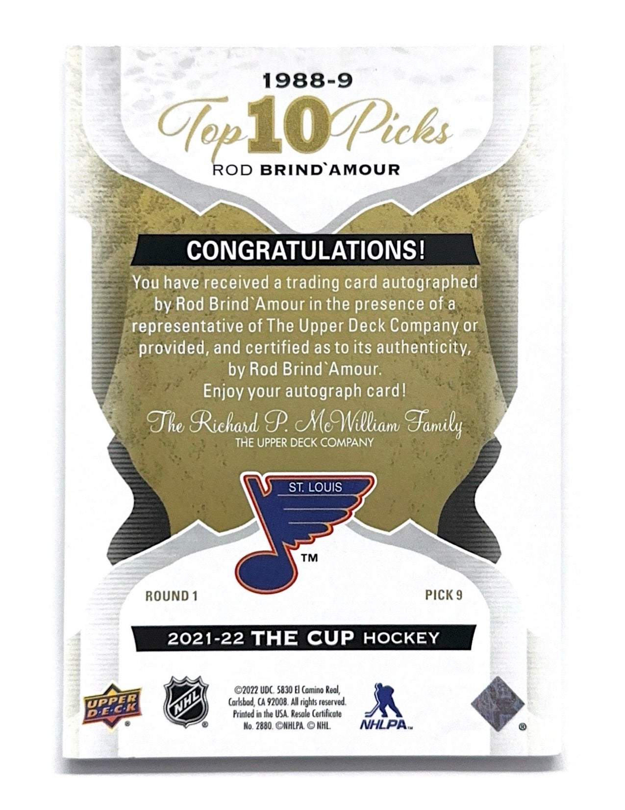Rod Brind'Amour 2021-22 Upper Deck The Cup Top 10 Picks Autograph Inscribed #1988-9 - 06/09