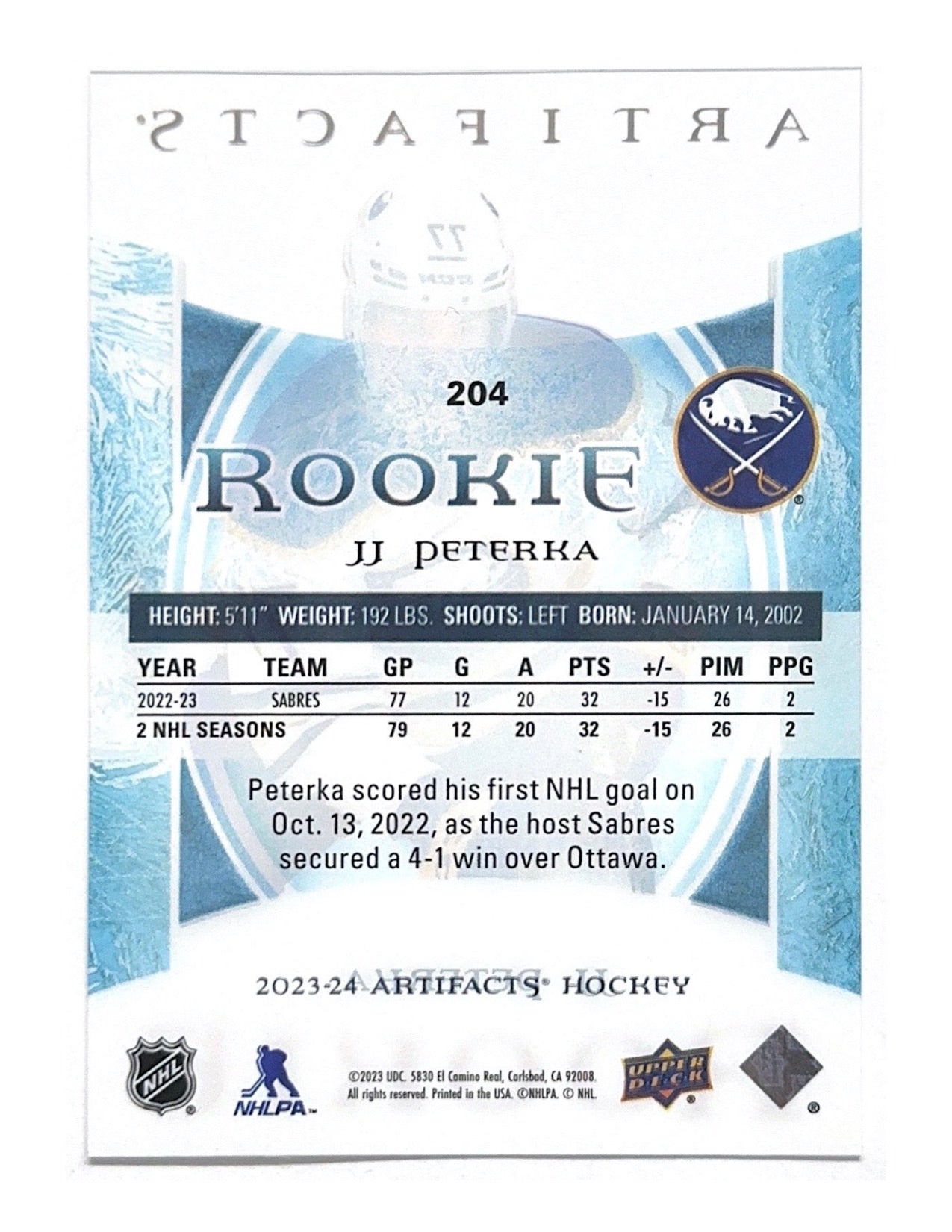 JJ Peterka 2023-24 Upper Deck Artifacts Clear Cut Rookie #204