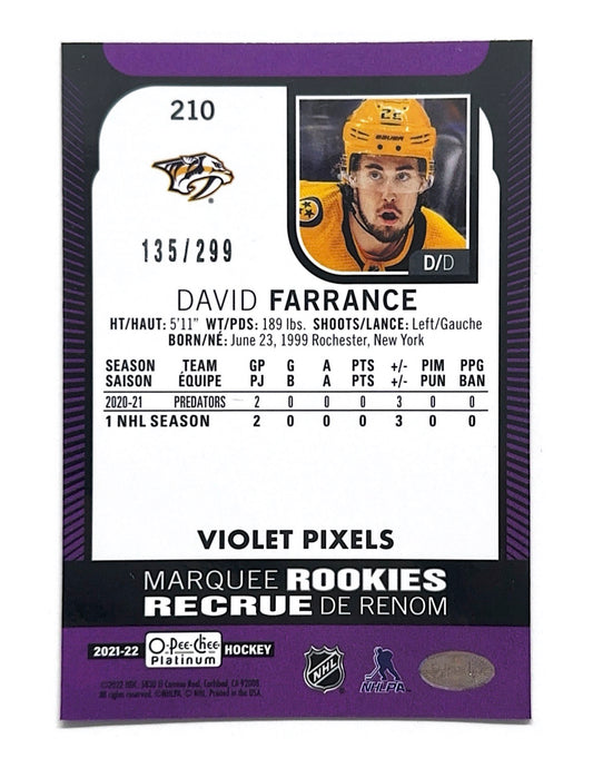 David Farrance 2021-22 O-Pee-Chee Platinum Violet Pixels Marquee Rookies #210 - 135/299