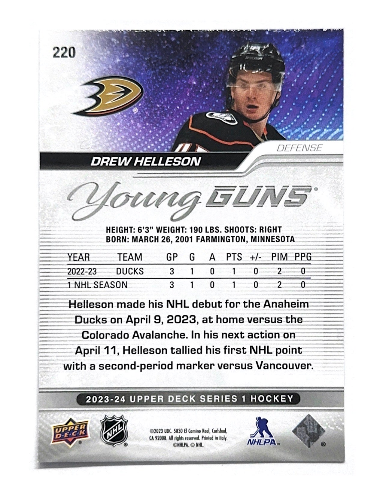 Drew Helleson 2023-24 Upper Deck Series 1 Young Guns Silver Outburst #220