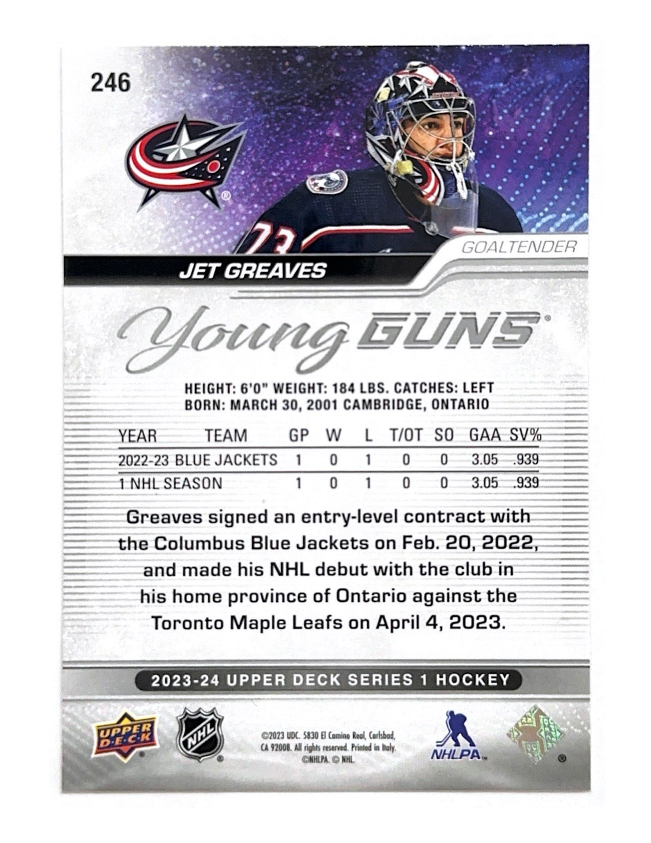 Jet Greaves 2023-24 Upper Deck Series 1 Young Guns #246