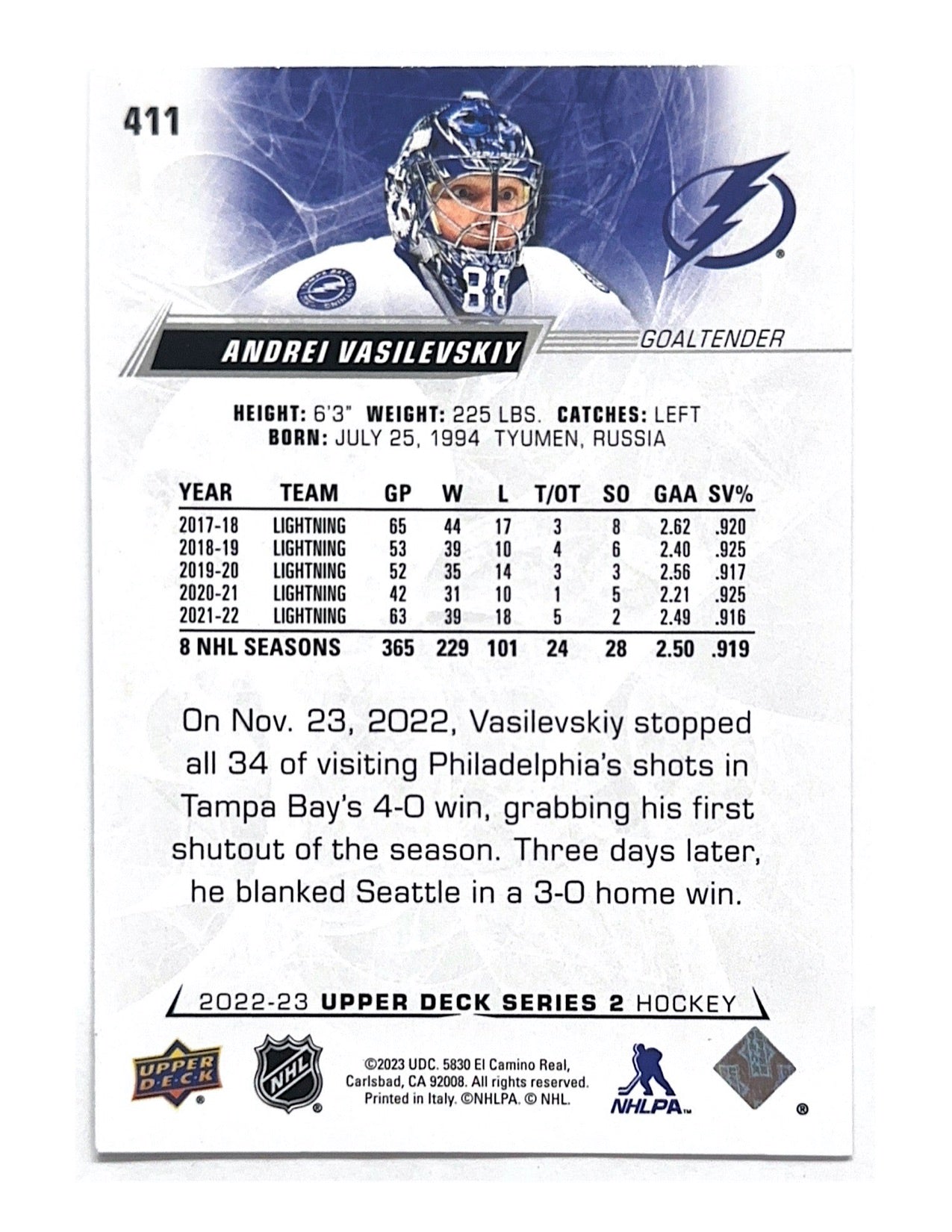 Andrei Vasilevskiy 2022-23 Upper Deck Series 2 High Gloss #411 - 06/10