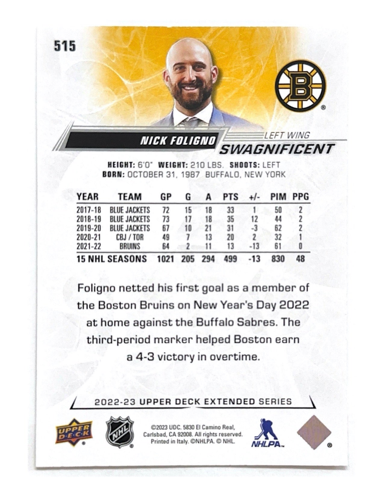 Nick Foligno 2022-23 Upper Deck Extended Series Swagnificent #515