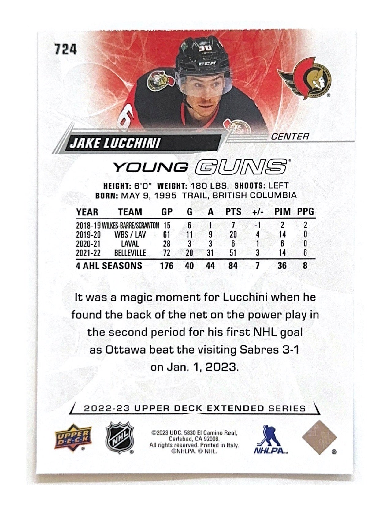 Jake Lucchini 2022-23 Upper Deck Extended Series Young Guns #724