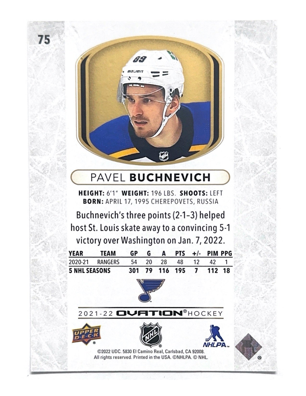 Pavel Buchnevich 2021-22 Upper Deck Ovation Gold Spectrum #75 - 113/250