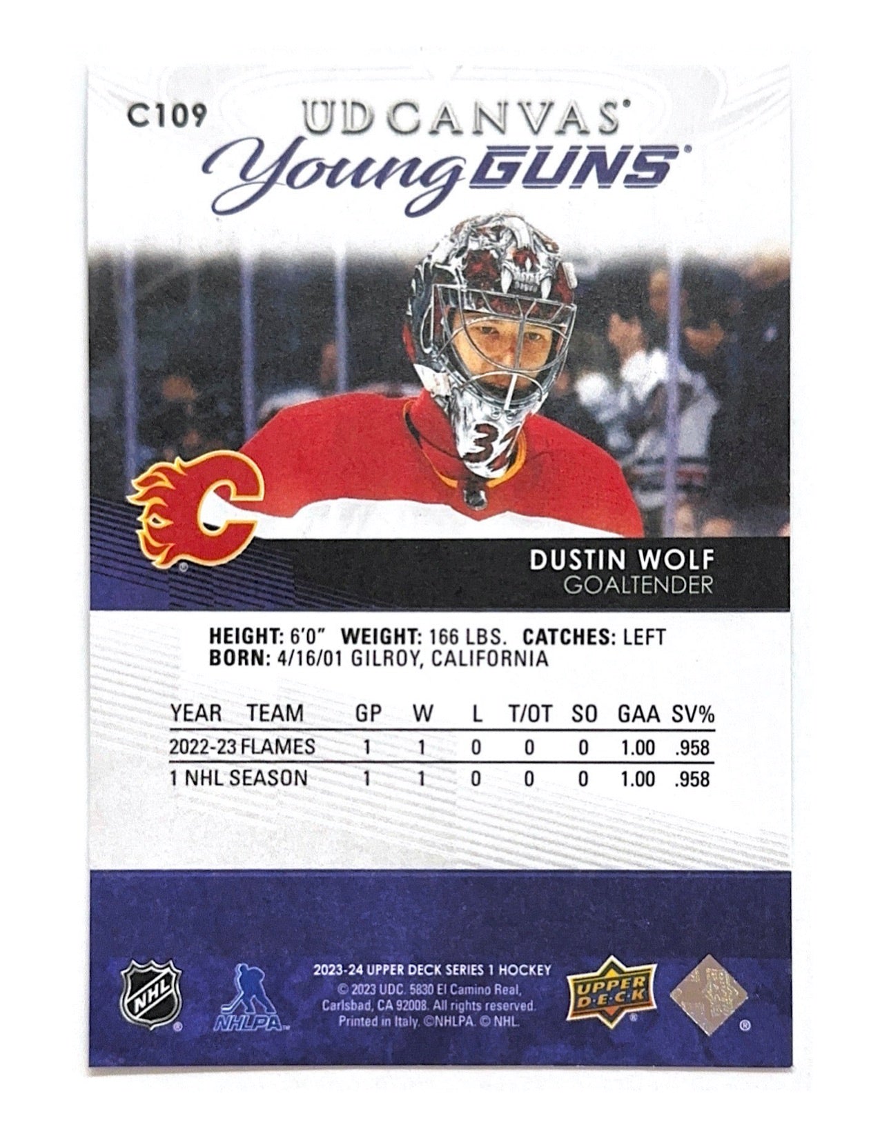 Dustin Wolf 2023-24 Upper Deck Series 1 Young Guns Canvas #C109