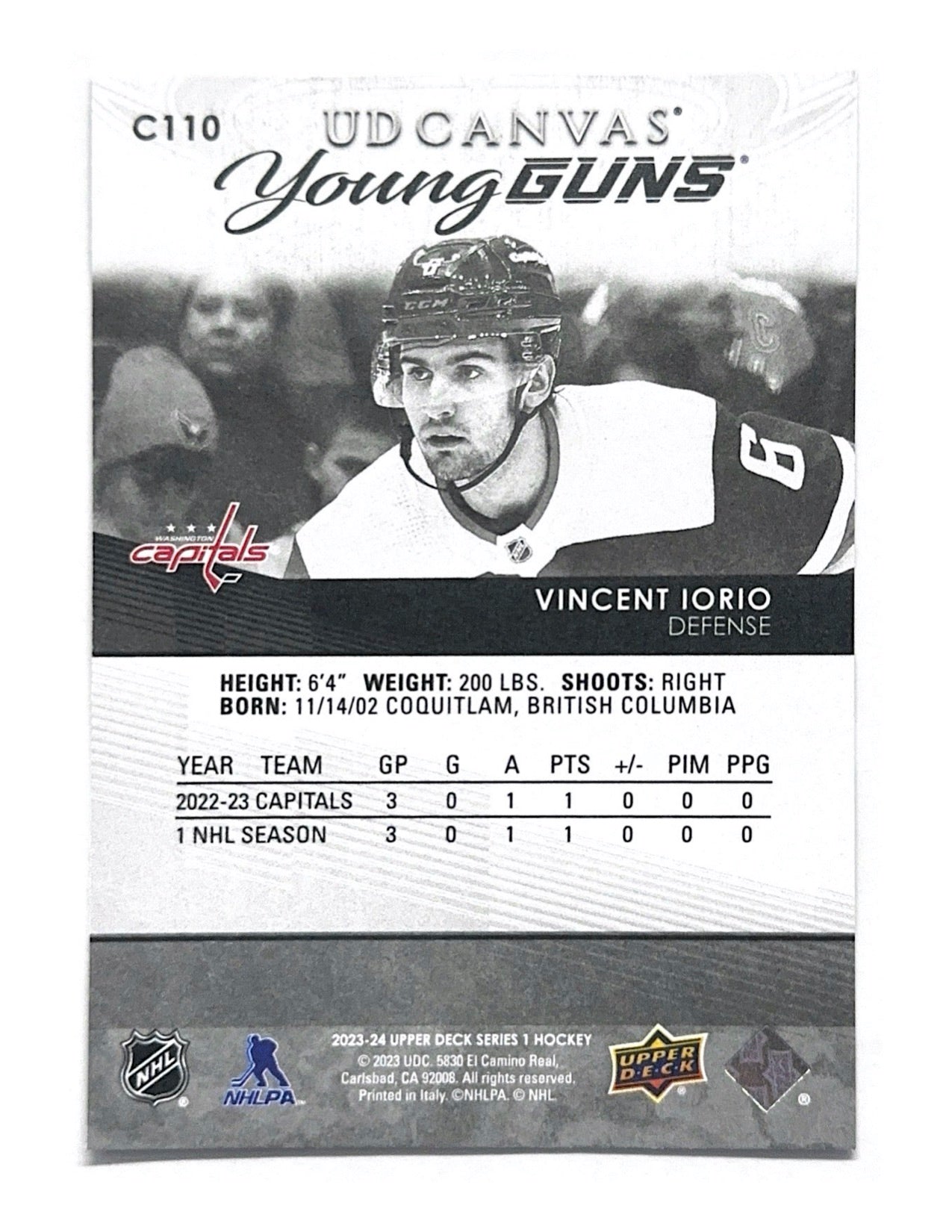 Vincent Iorio 2023-24 Upper Deck Series 1 Young Guns Canvas Black and White #C110