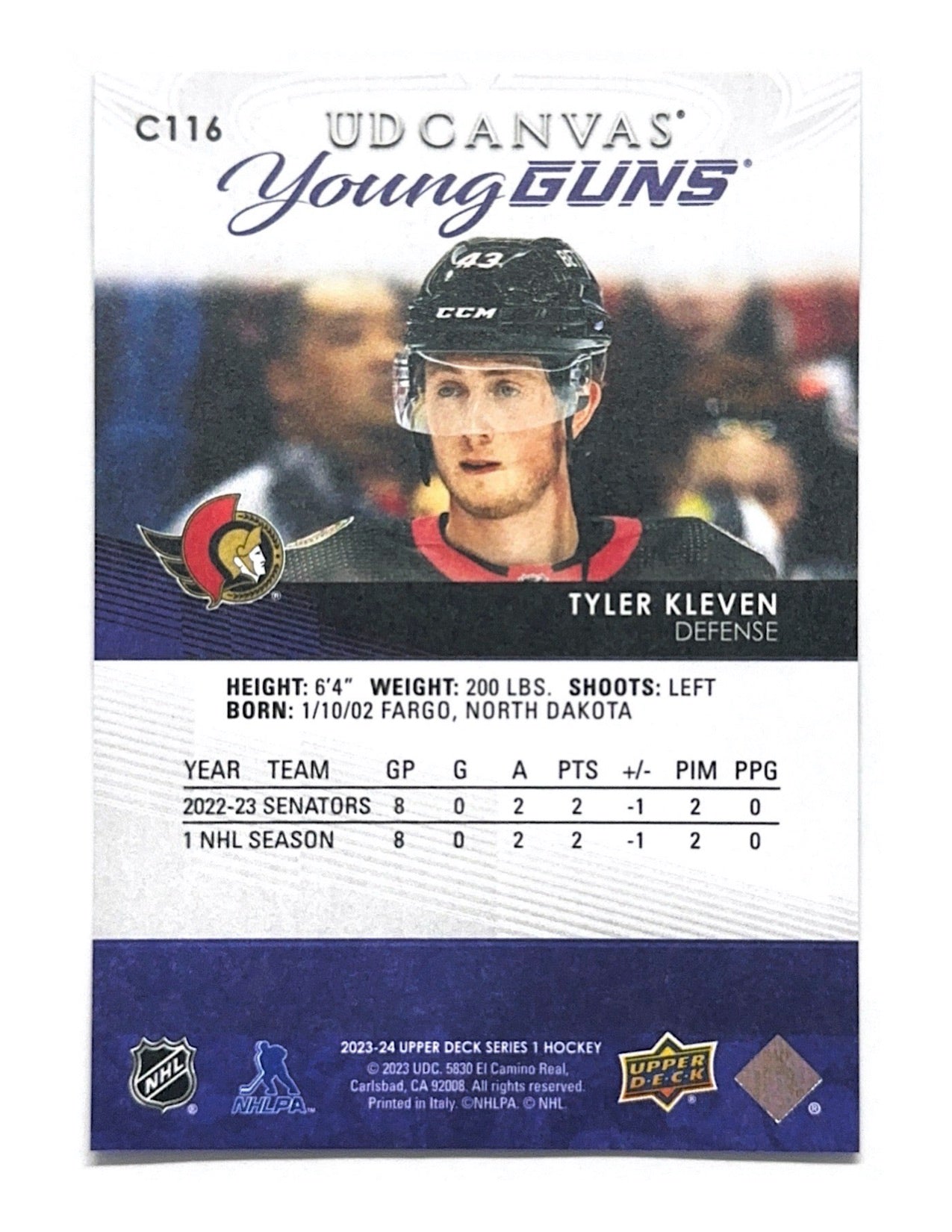 Tyler Kleven 2023-24 Upper Deck Series 1 Young Guns Canvas #C116