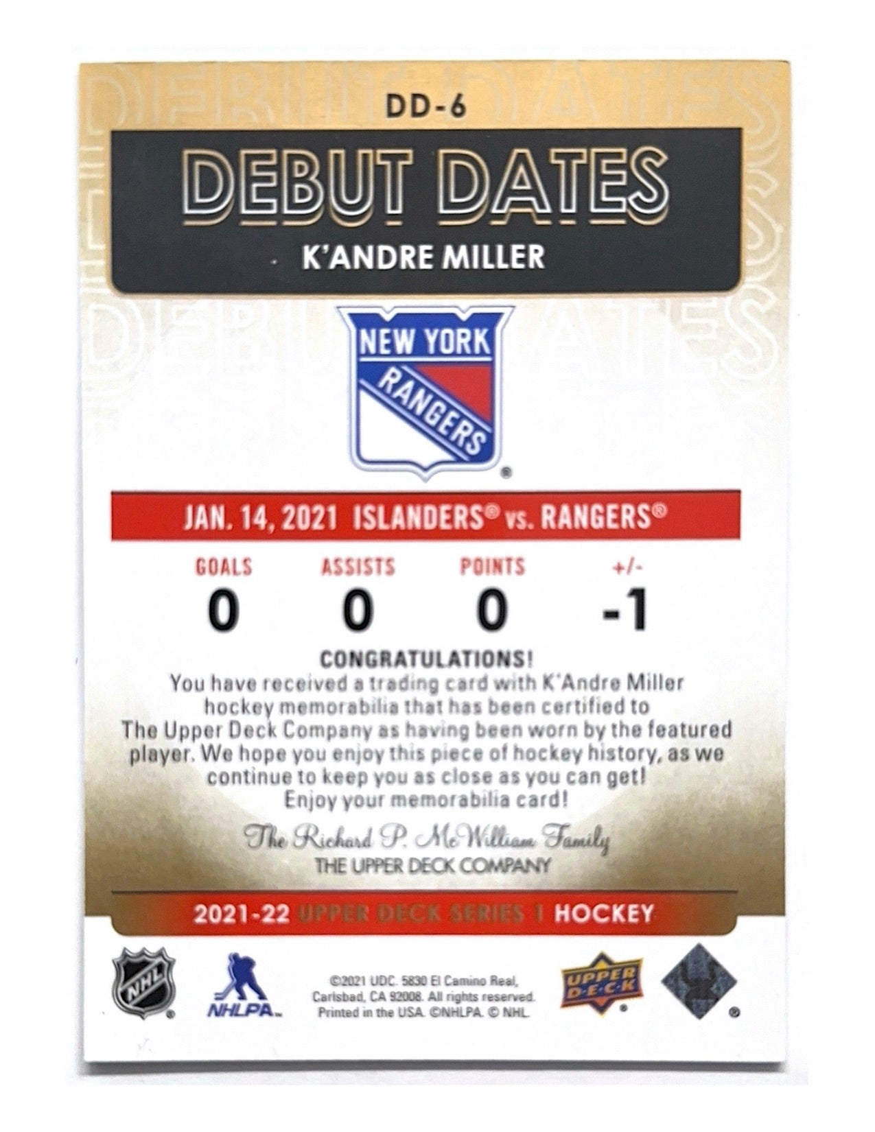 K'Andre Miller 2021-22 Upper Deck Series 1 Debut Dates Jersey #DD-6