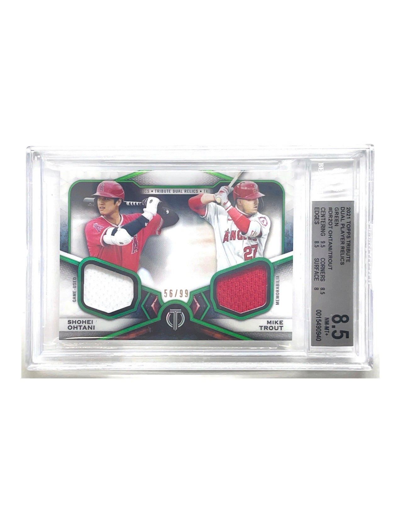Shohei Ohtani/Mike Trout 2021 Topps Tribute Dual Player Relics Green #DR2-OT - 56/99 - BGS 8.5