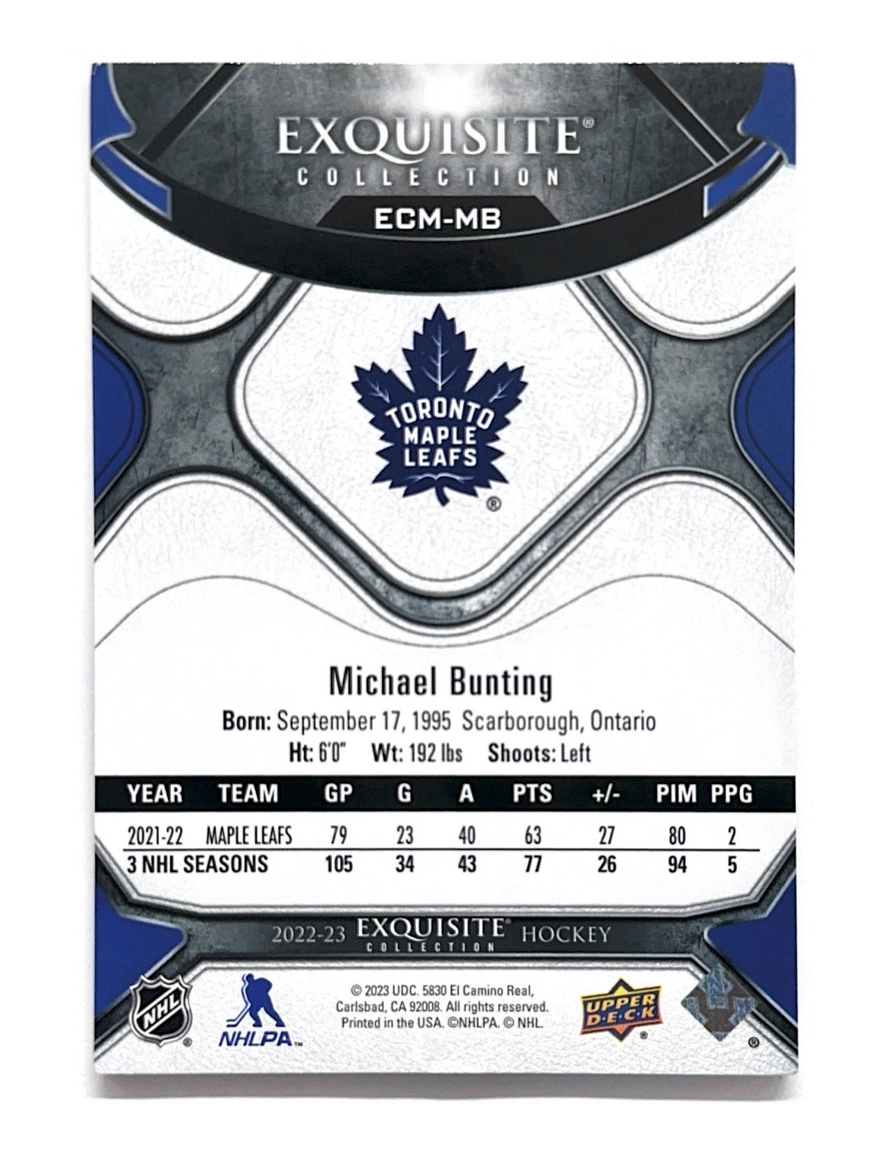 Michael Bunting 2022-23 Upper Deck Exquisite Collection Exquisite Moments Gold #ECM-MB - 25/99