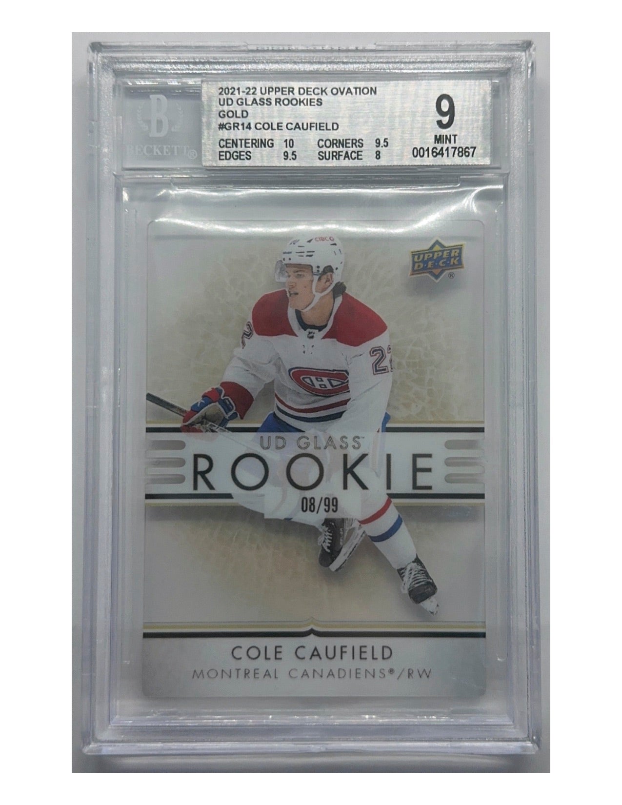 Cole Caufield 2021-22 Upper Deck Ovation UD Glass Rookie Gold #GR-14 - 08/99 - BGS 9