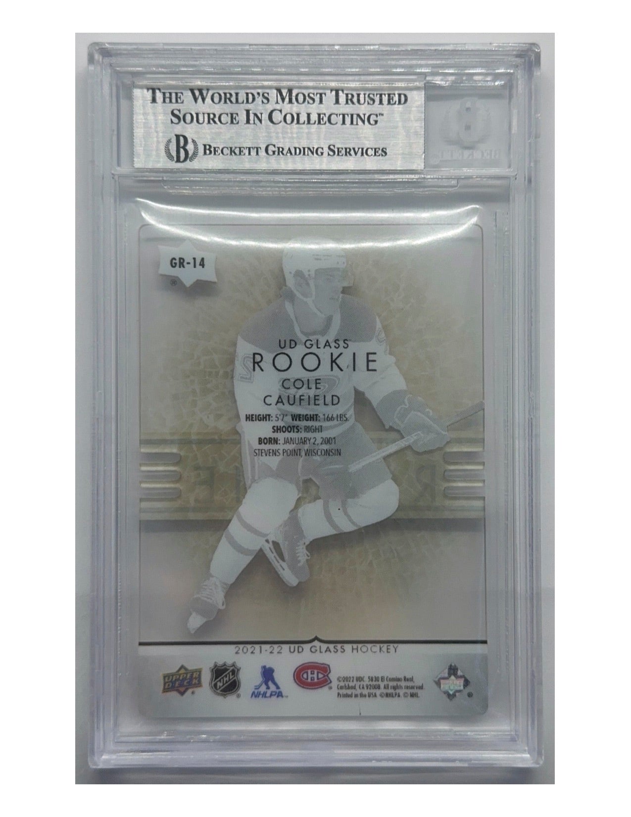 Cole Caufield 2021-22 Upper Deck Ovation UD Glass Rookie Gold #GR-14 - 08/99 - BGS 9