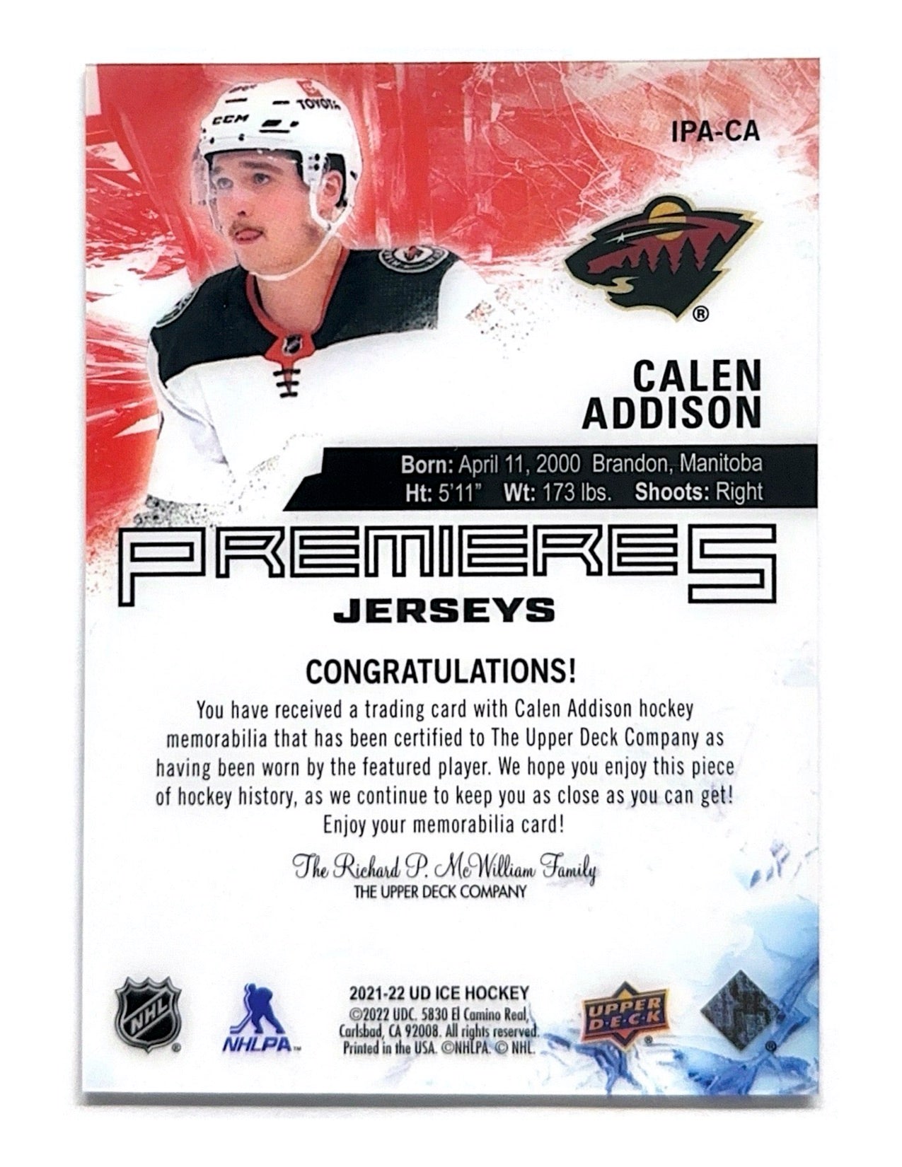 Calen Addison 2021-22 Upper Deck Ice Premieres Jerseys #IPA-CA