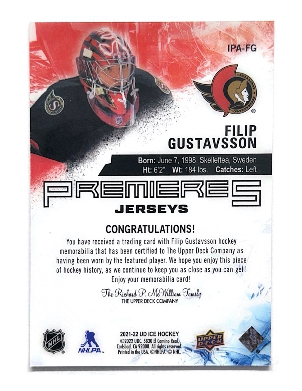 Filip Gustavsson 2021-22 Upper Deck Ice Premieres Jerseys #IPA-FG