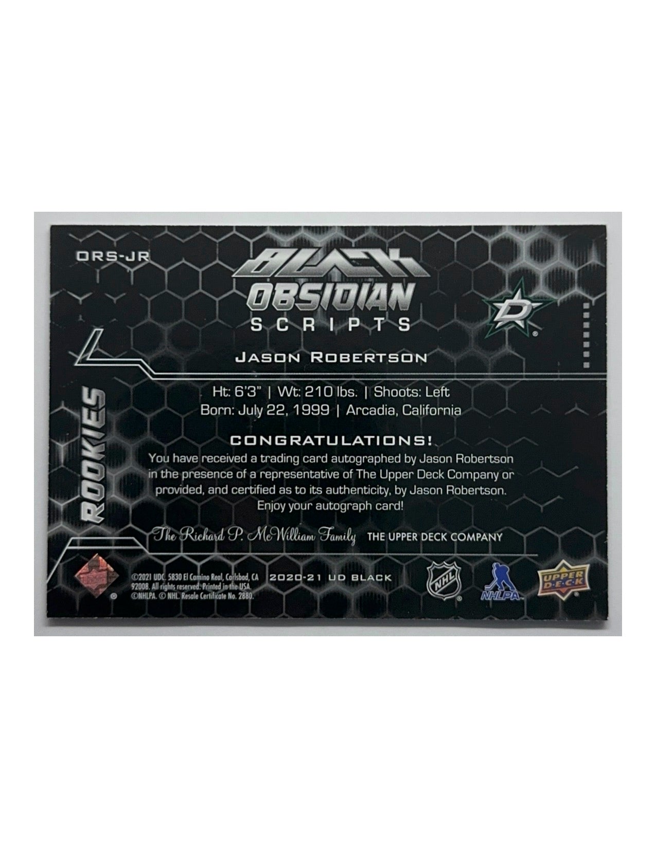 Jason Robertson 2020-21 Upper Deck Spx Black Obsidian Scripts Rookies Autograph #ORS-JR