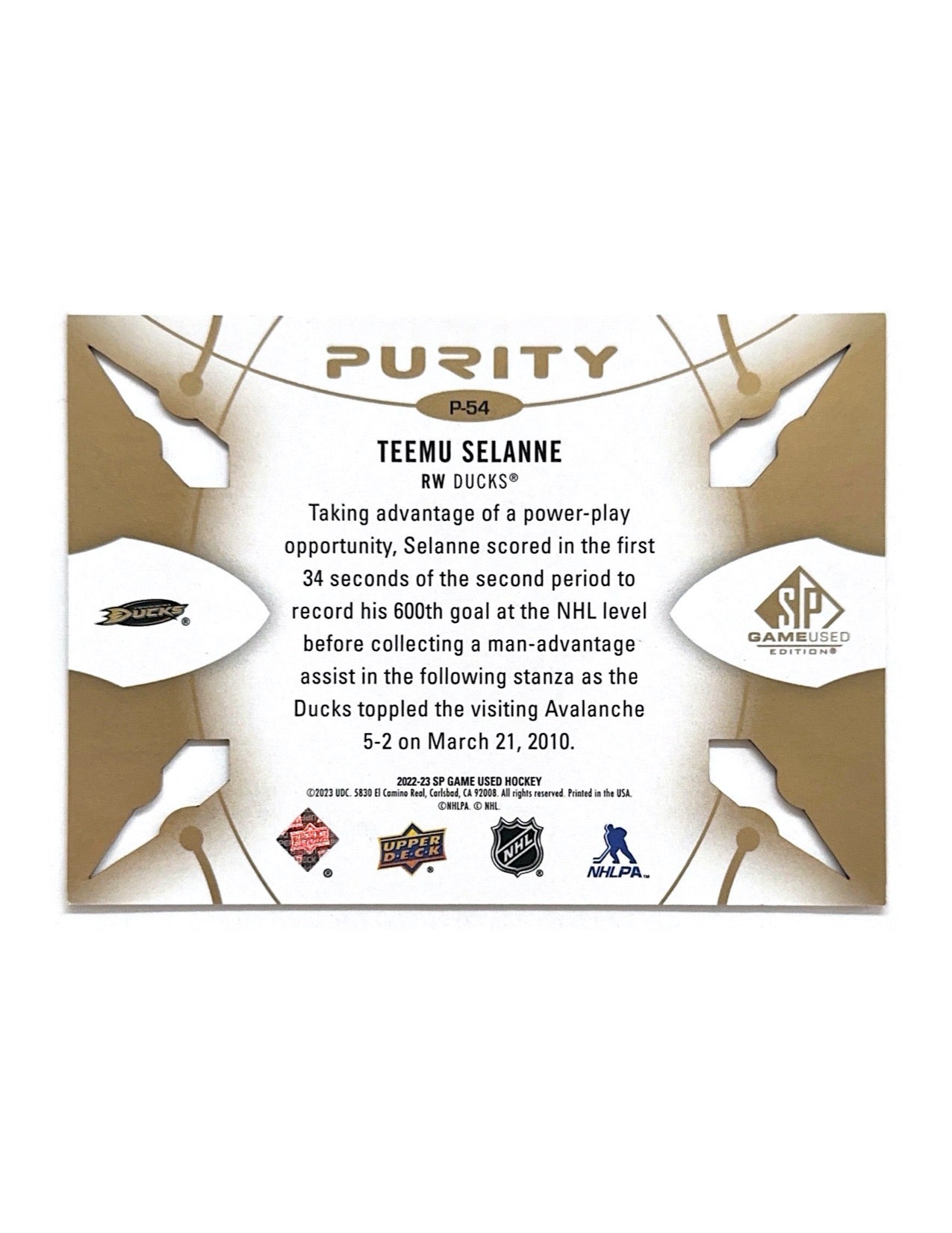 Teemu Selanne 2022-23 Upper Deck SP Game Used Purity Gold #R-54 - 12/35