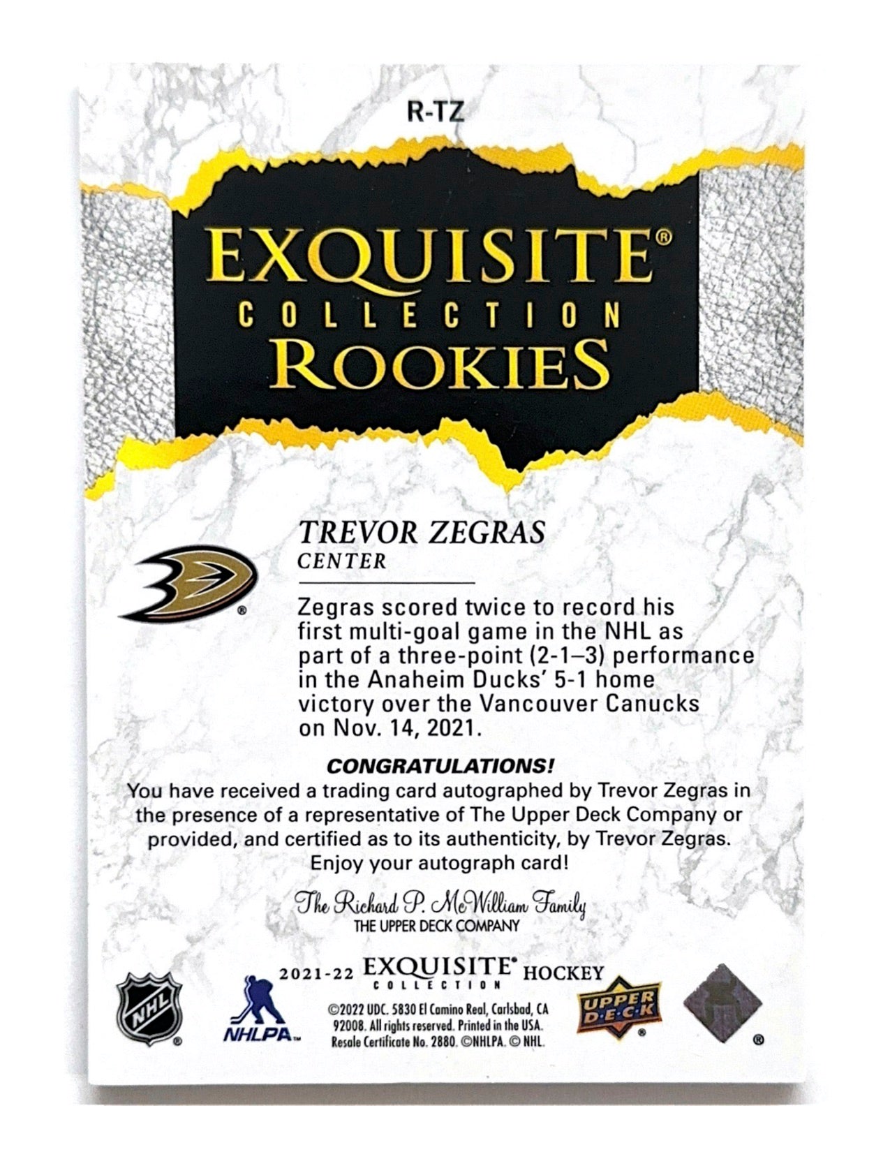 Trevor Zegras 2021-2022 Upper Deck Exquisite Collection Gold Autograph #R-TZ - 51/99