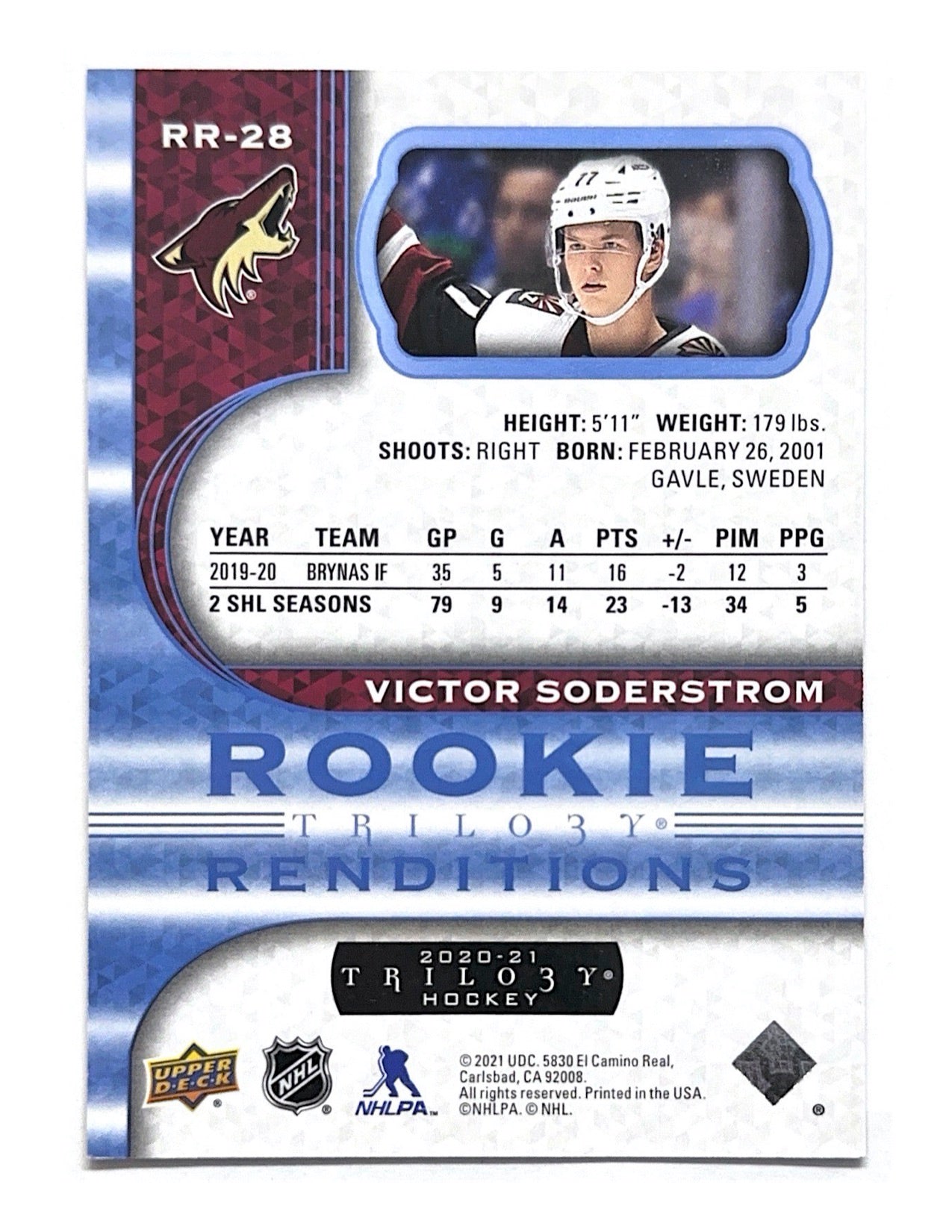 Victor Soderstrom 2020-21 Upper Deck Trilogy Rookie Renditions Blue #RR-28 - 111/399