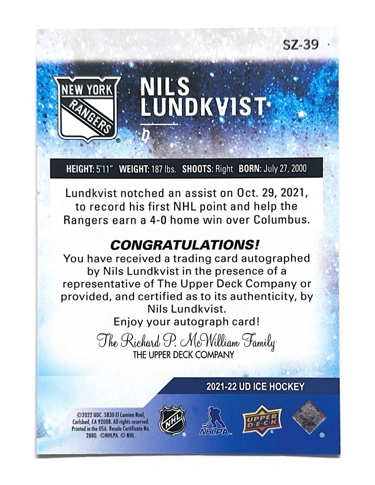 Nils Lundkvist 2021-22 Upper Deck Ice Subzero Rookies Autograph #SZ-39