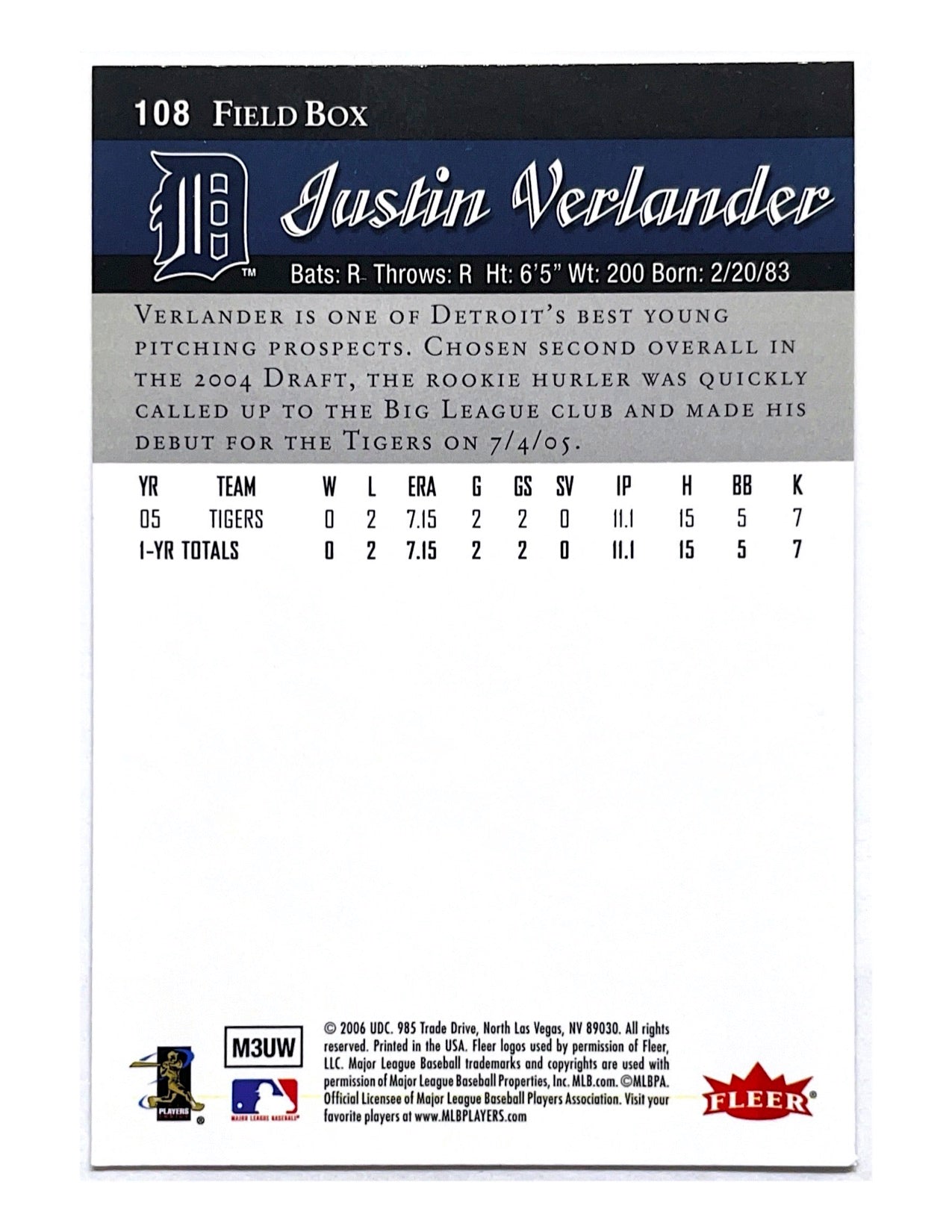 Justin Verlander 2006 Fleer Flair Showcase Field Box Parallel Rookie #108