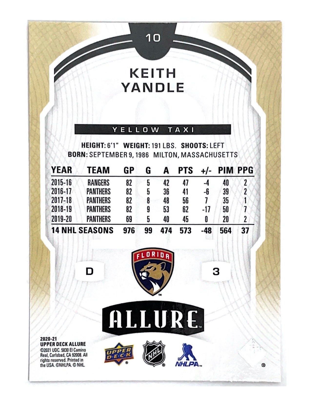 Keith Yandle 2020-21 Upper Deck Allure Yellow Taxi #10