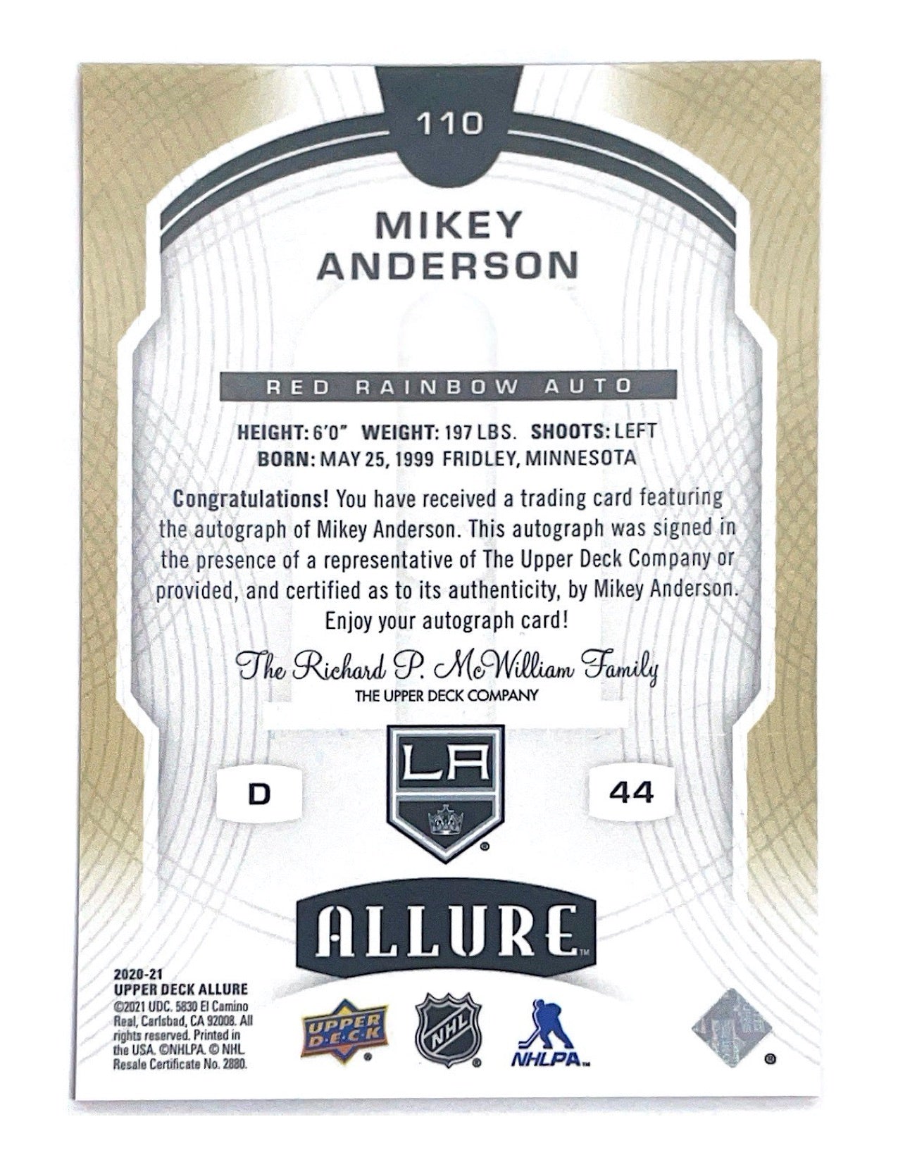 Mikey Anderson 2020-21 Upper Deck Allure Rookie Red Rainbow Autograph #110