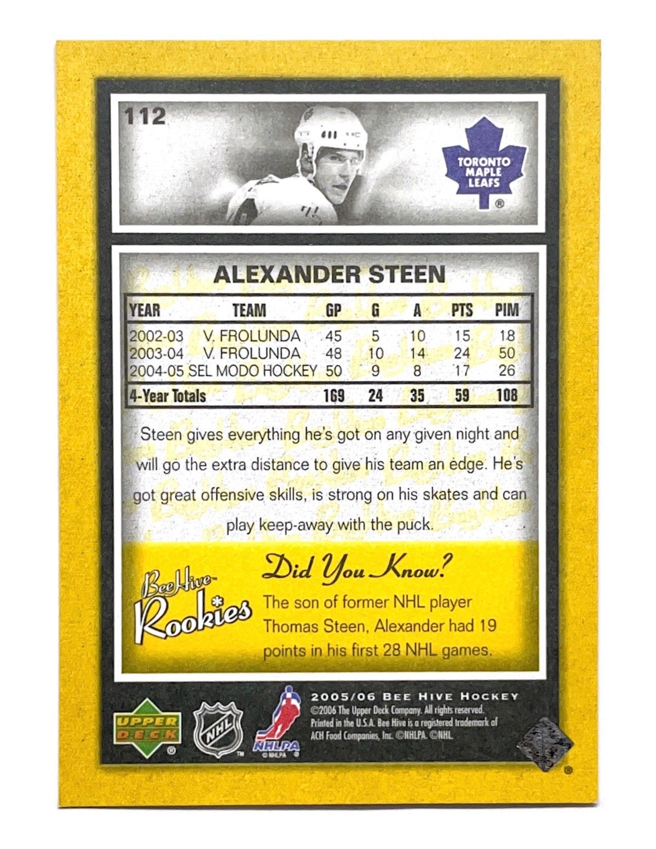 Alexander Steen 2005-06 Upper Deck Bee Hive Rookies Yellow #112