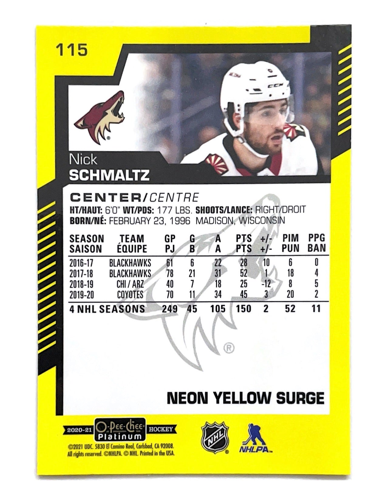 Nick Schmaltz 2020-21 O-Pee- Chee Platinum Neon Yellow Surge #115