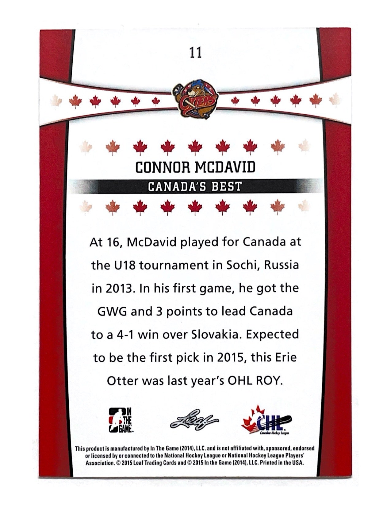Connor Mcdavid 2014-15 Leaf In The Game Canada's Best #11