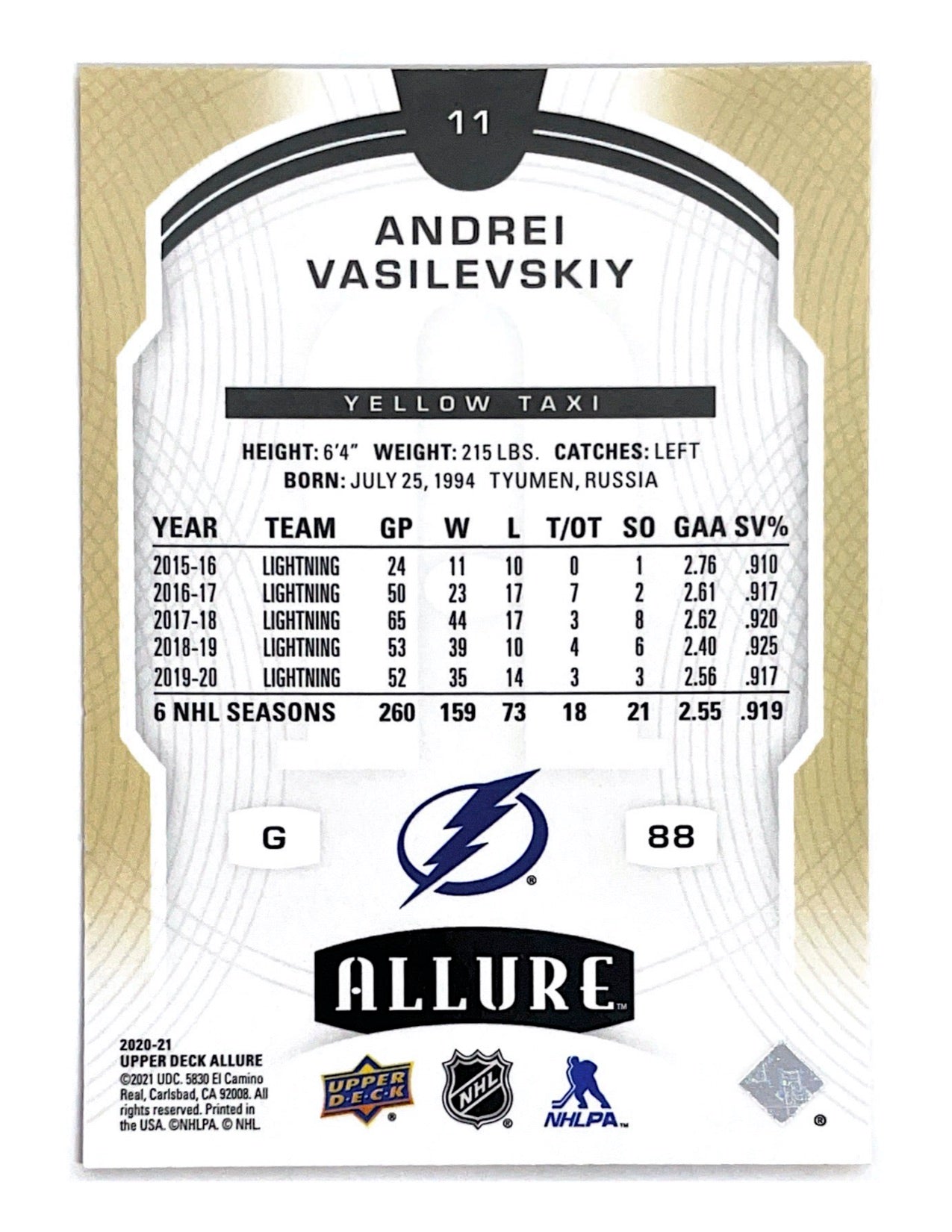 Andrei Vasilevskiy 2020-21 Upper Deck Allure Yellow Taxi #11