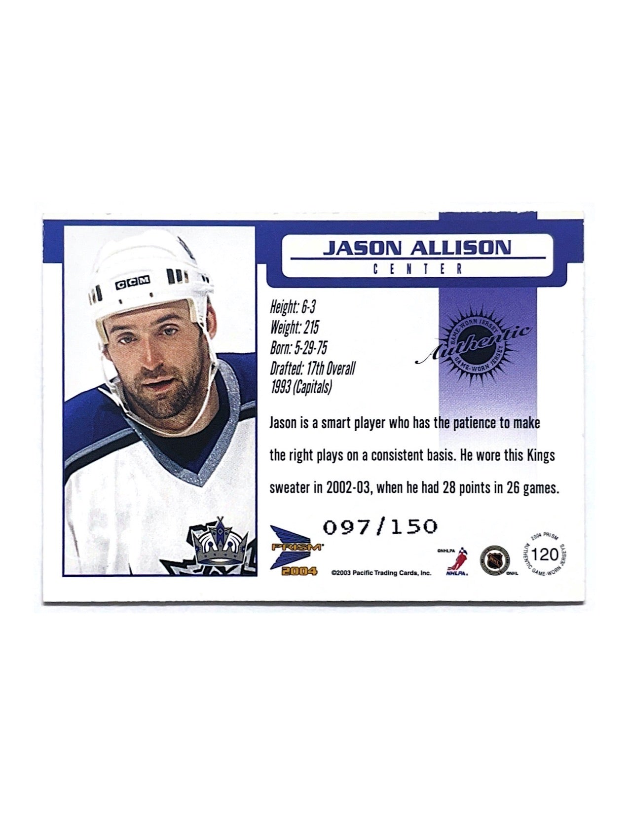 Jason Allison 2003-04 Private Stock Pacific Prism Jersey #120 - 097/150