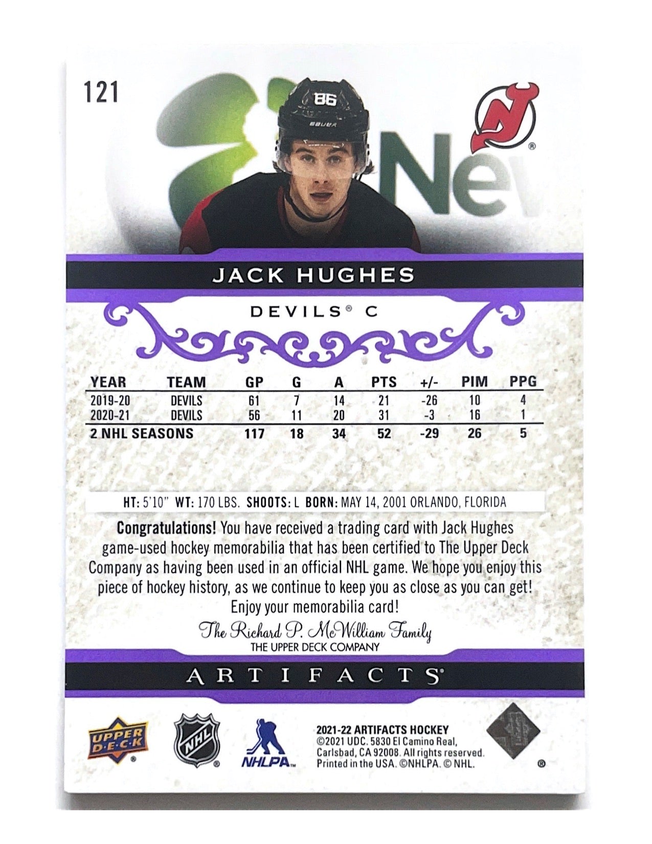 Jack Hughes 2021-22 Upper Deck Artifacts Purple Dual Patch #121 - 11/15