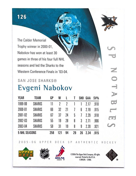 Evgeni Nabokov 2005-06 Upper Deck SP Authentic SP Notables #126 - 784/999