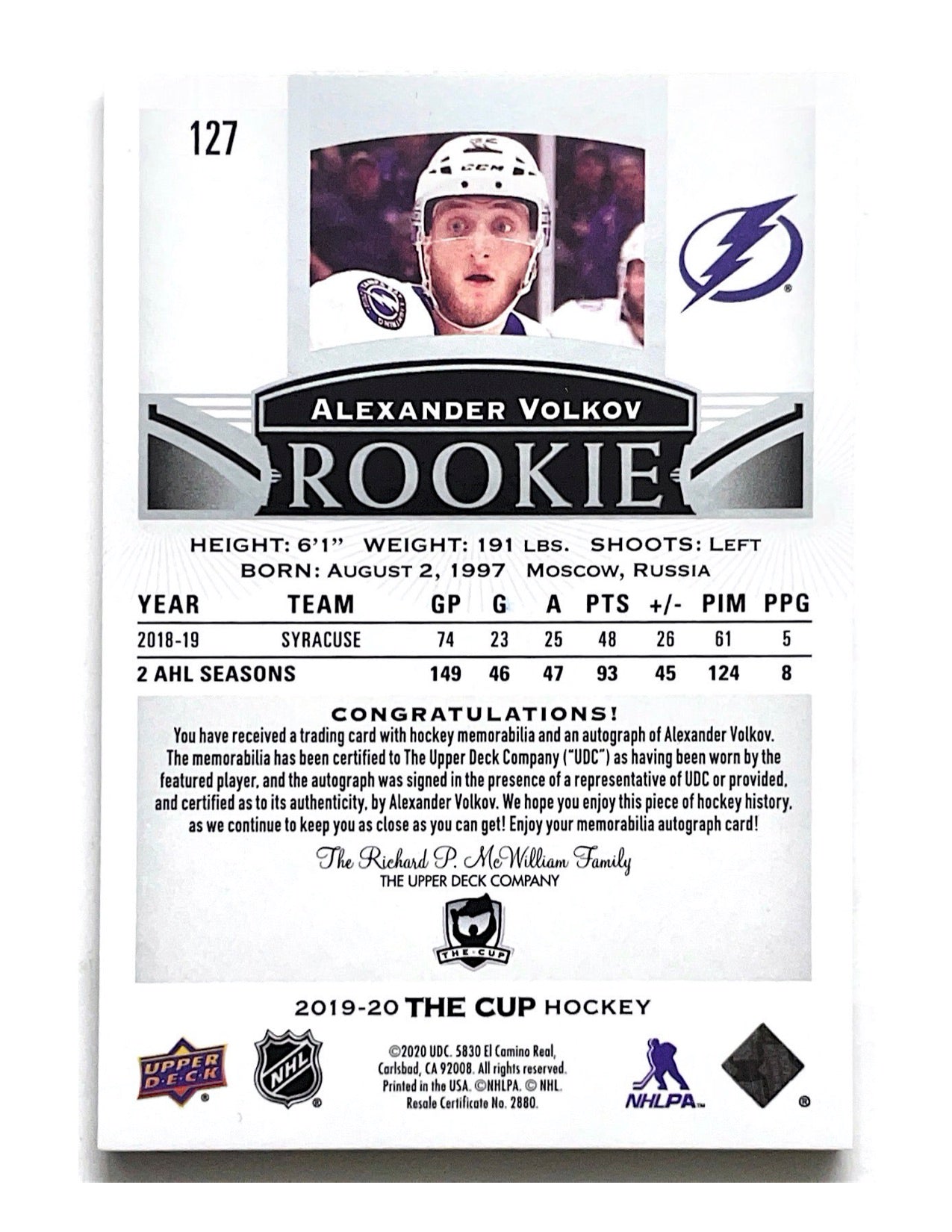 Alexander Volkov 2019-20 Upper Deck The Cup Rookie Patch Autograph #127 - 227/249