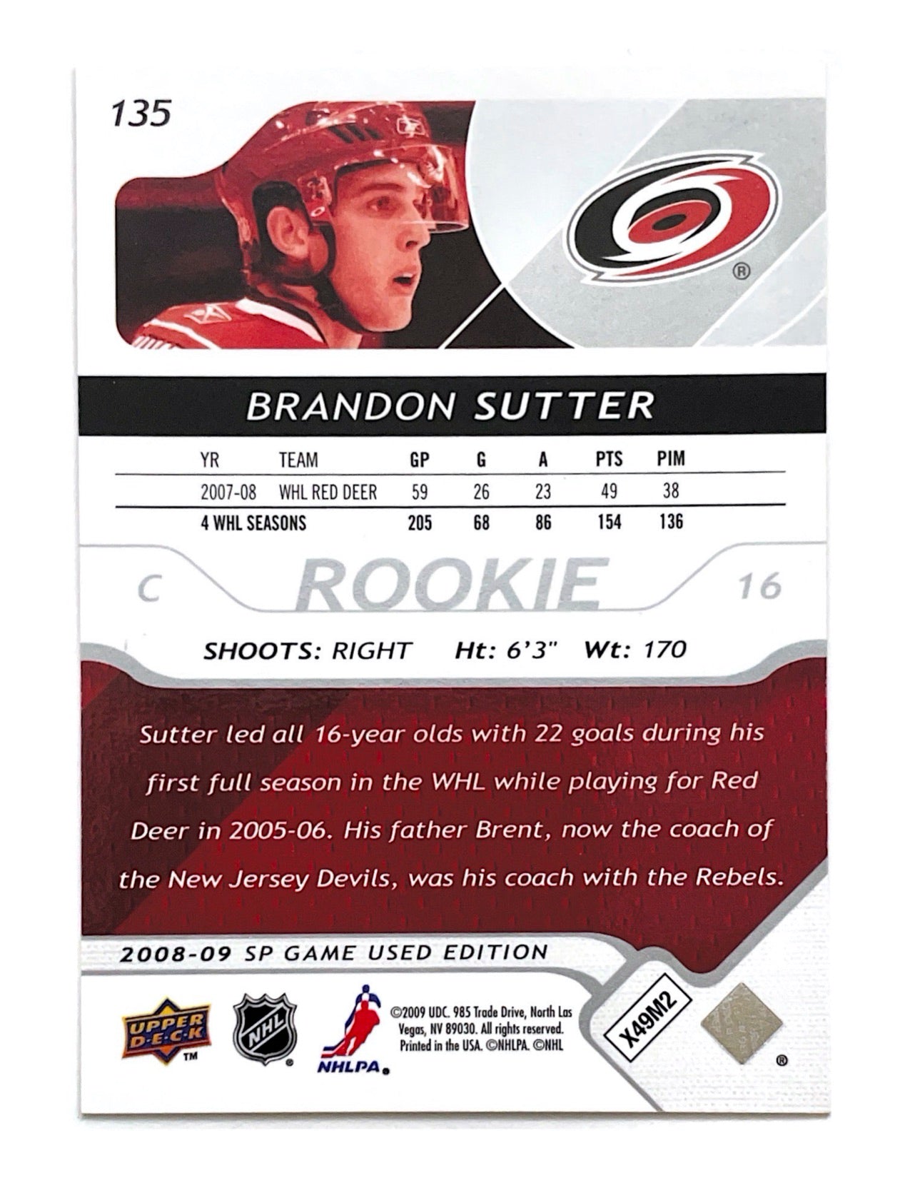 Brandon Sutter 2008-09 Upper Deck SP Game Used Authentic Rookie #135 - 019/999