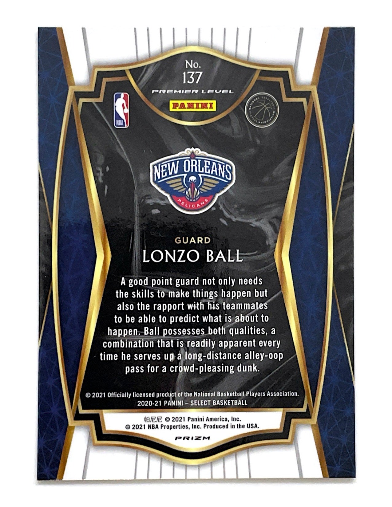 Lonzo Ball 2020-21 Panini Select Premier Level Cracked Ice #137