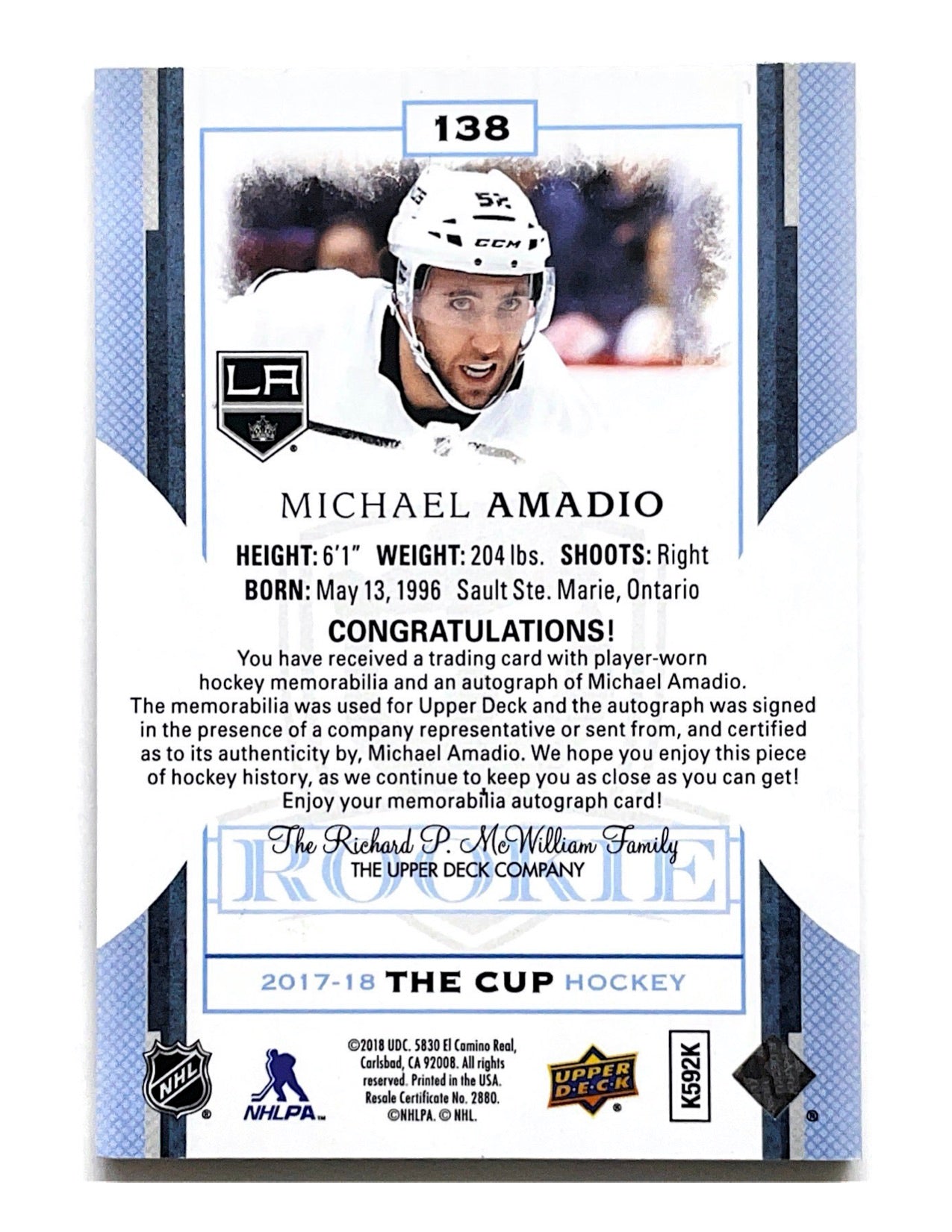 Michael Amadio 2017-18 Upper Deck The Cup Rookie Patch Autograph Gold #138 - 14/24