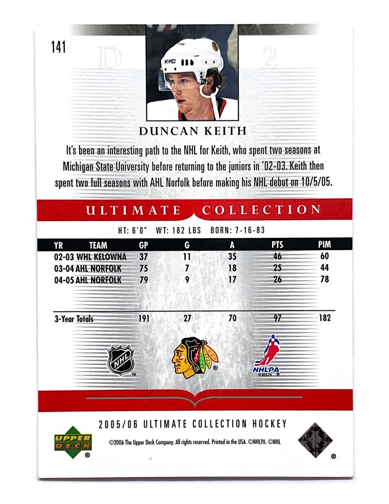 Duncan Keith 2005-06 Upper Deck Ultimate Collection Ultimate Rookie #141 - 437/599