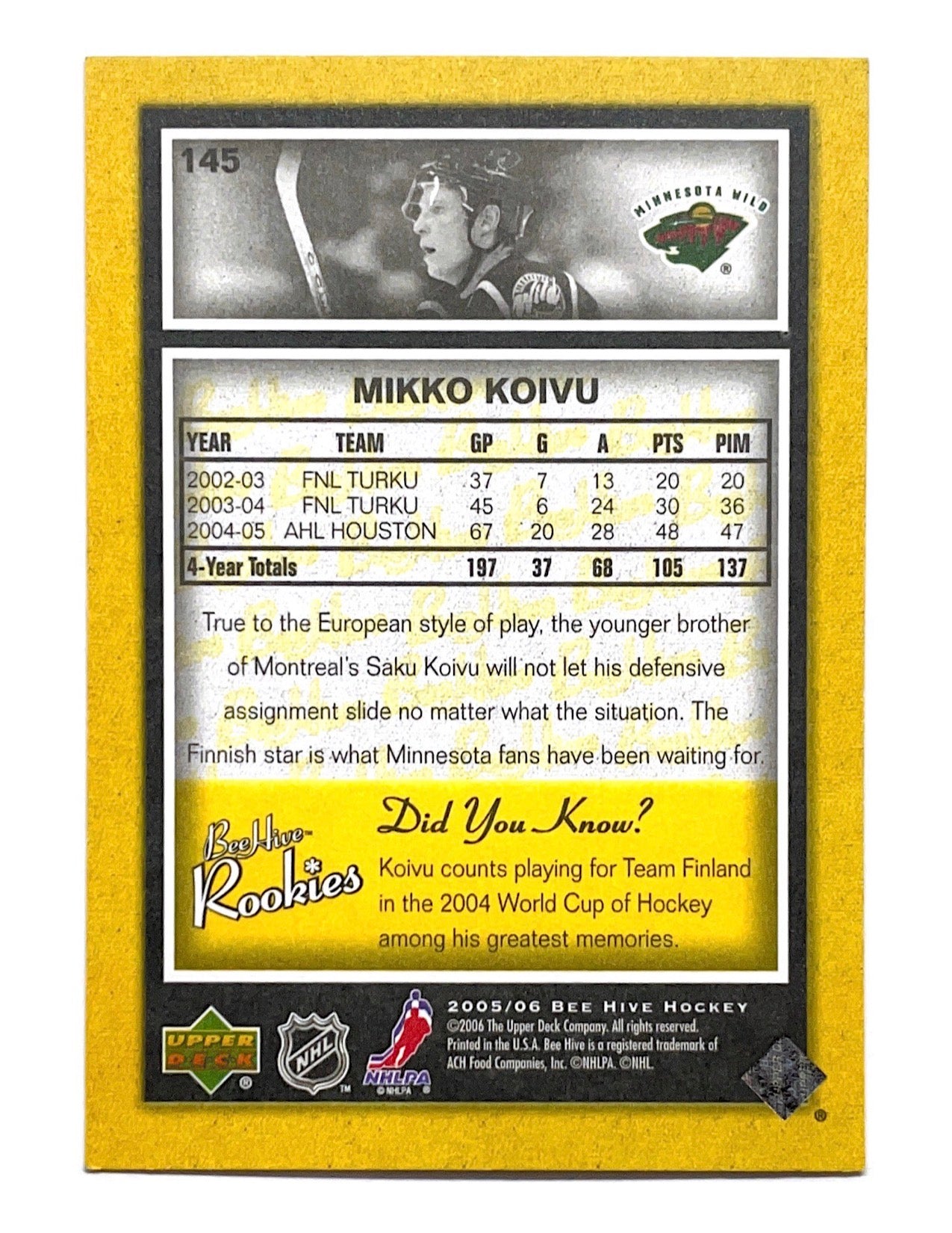 Mikko Koivu 2005-06 Upper Deck Bee Hive Rookies Yellow #145