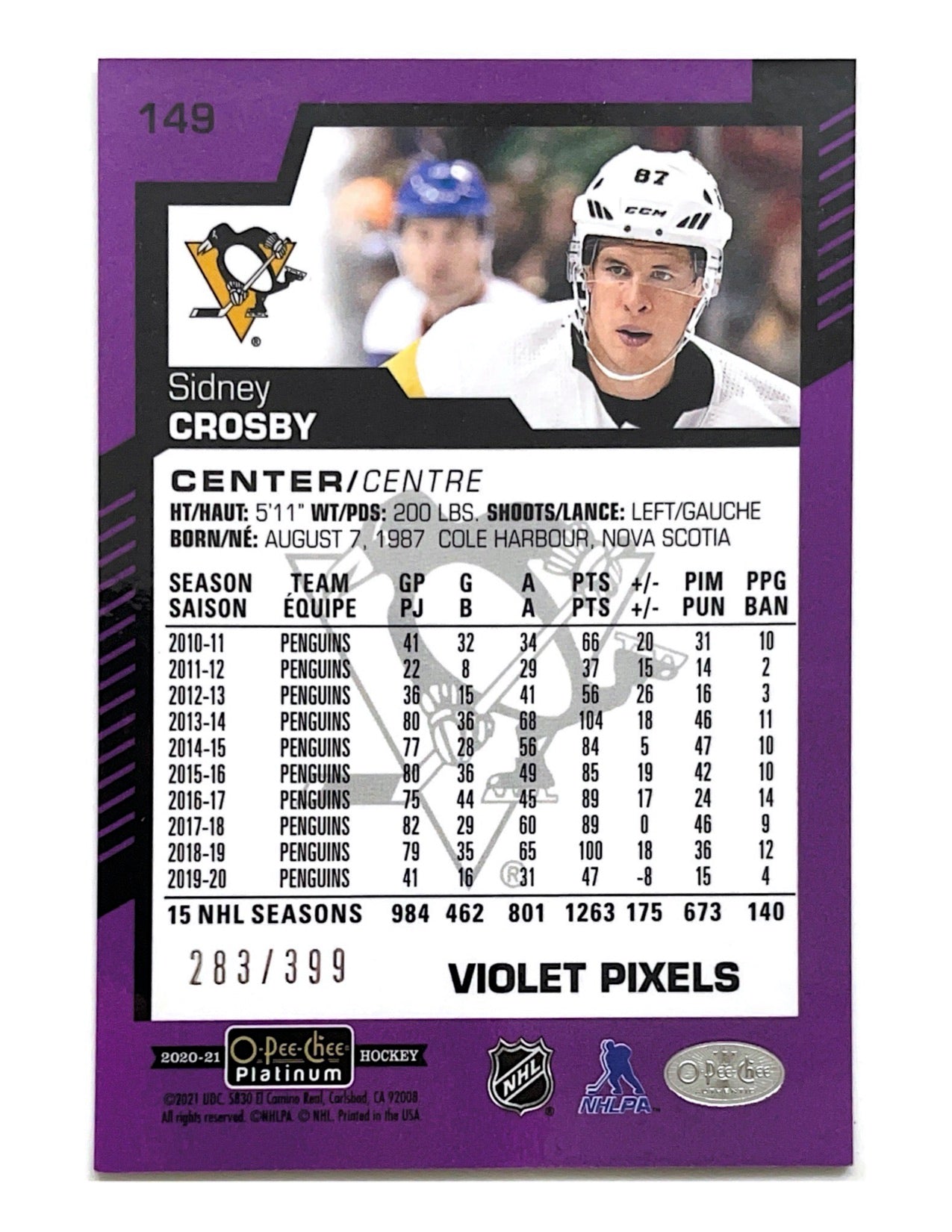 Sidney Crosby 2020-21 O-Pee-Chee Platinum Violet Pixels #149 - 283/399